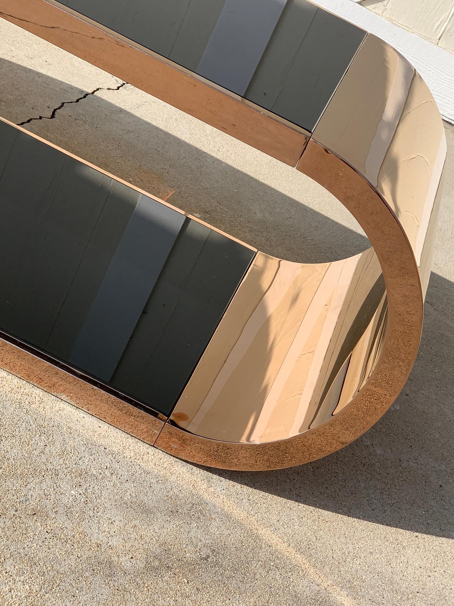 Metal Coffee Table in Copper with 2 Black Glass Shelves