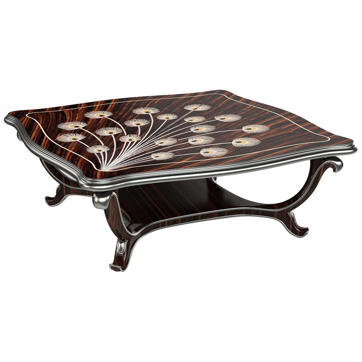 Wood Brass Inlaid Coffee Table with Ebony Base and Brass Footed Legs at