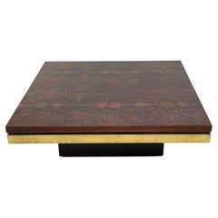 Coffee table in elm burl and brass by Roche Bobois, 1970