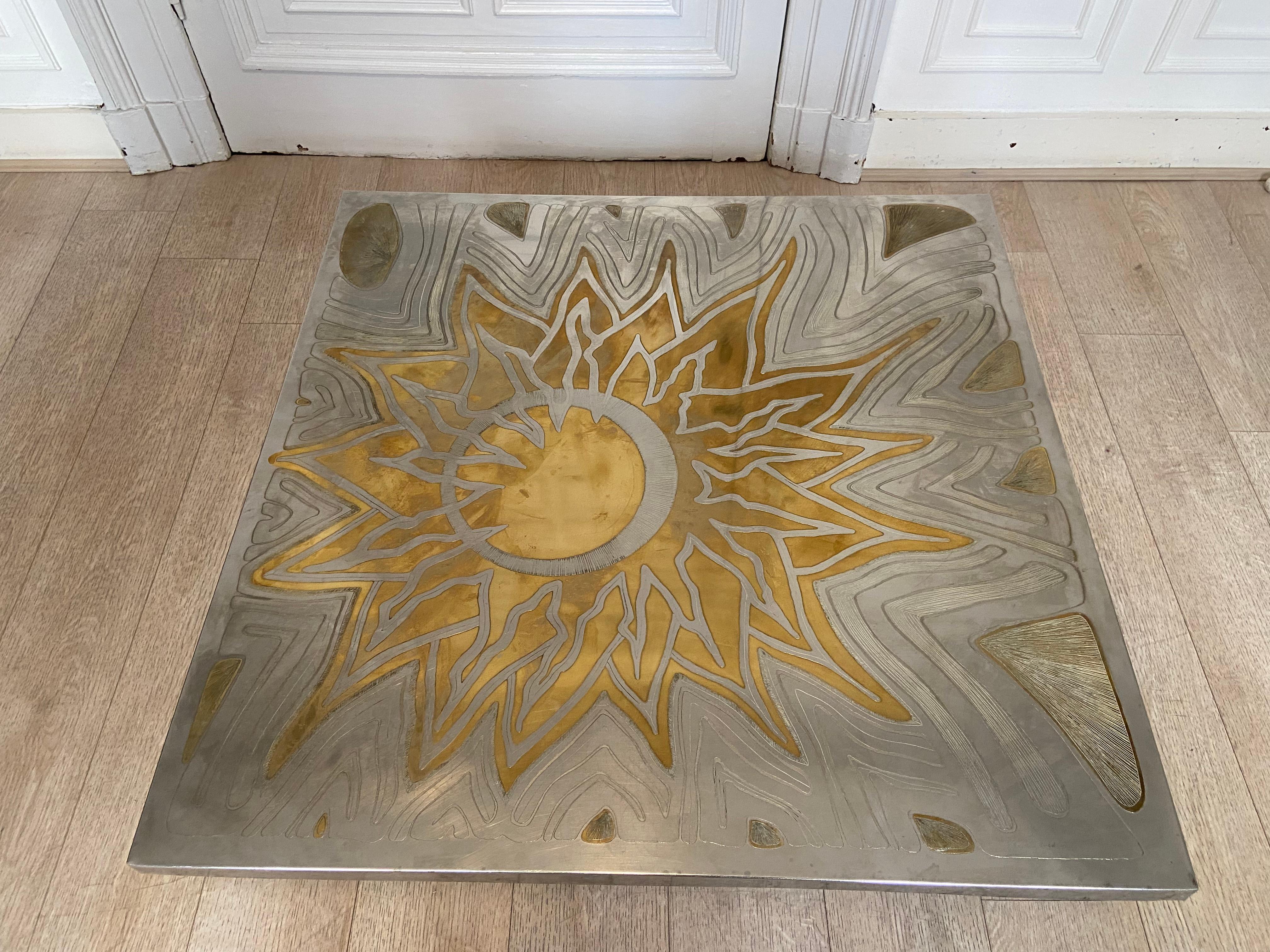 Mid-Century Modern Coffee Table in Engraved Brass, Christian Krekels, 1975 For Sale