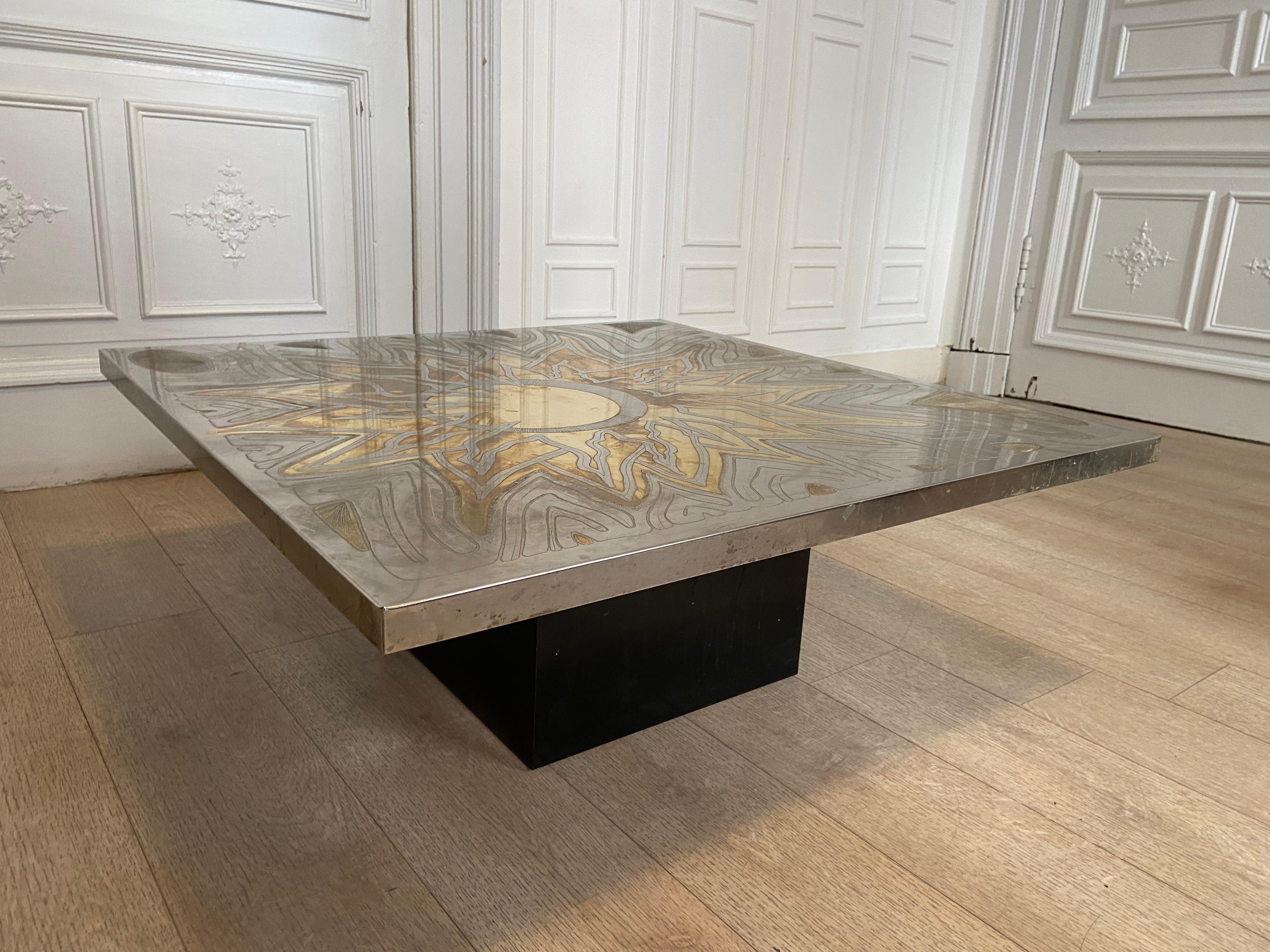 Belgian Coffee Table in Engraved Brass, Christian Krekels, 1975 For Sale