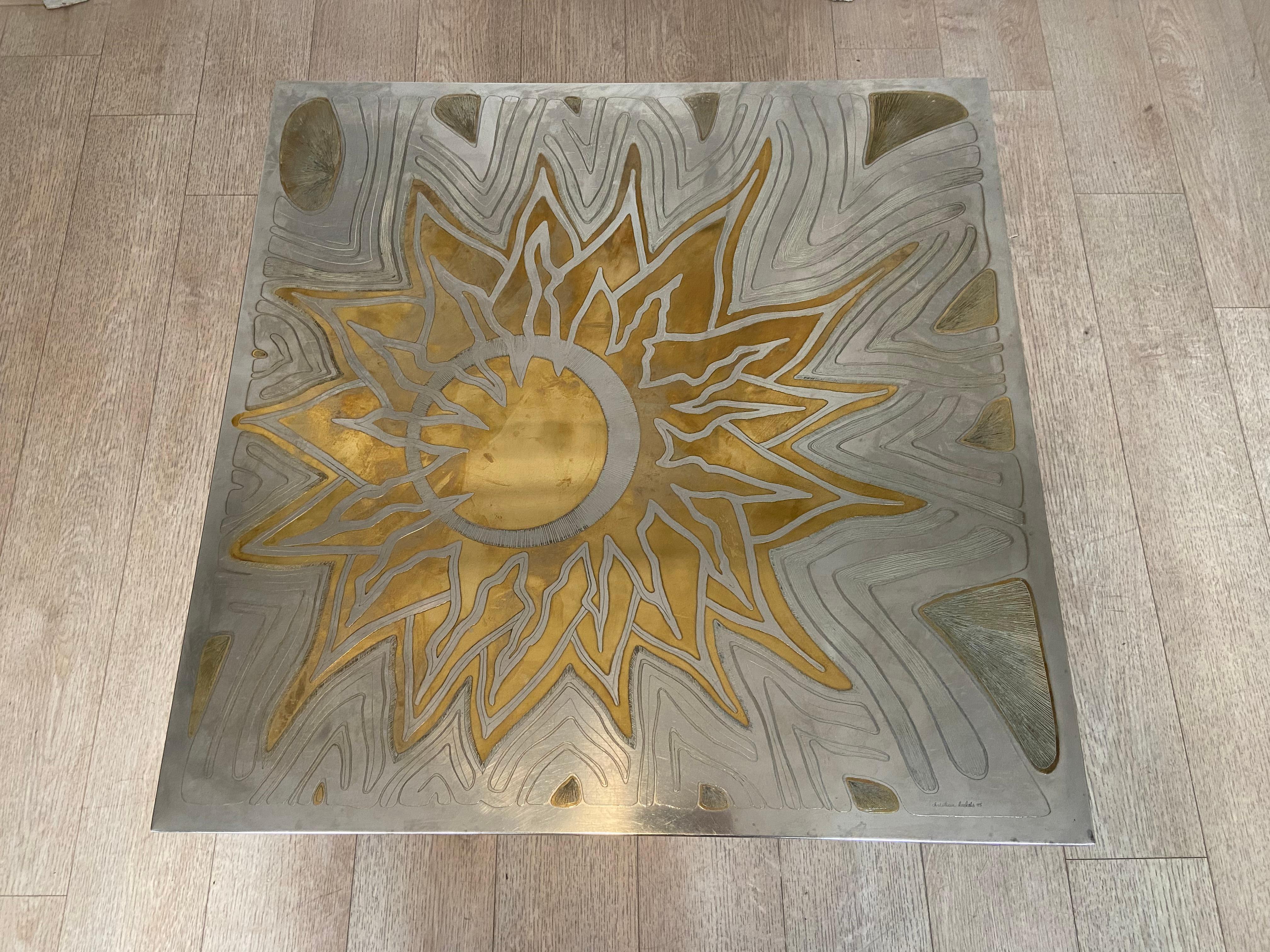 Coffee Table in Engraved Brass, Christian Krekels, 1975 In Good Condition For Sale In Brussels , BE