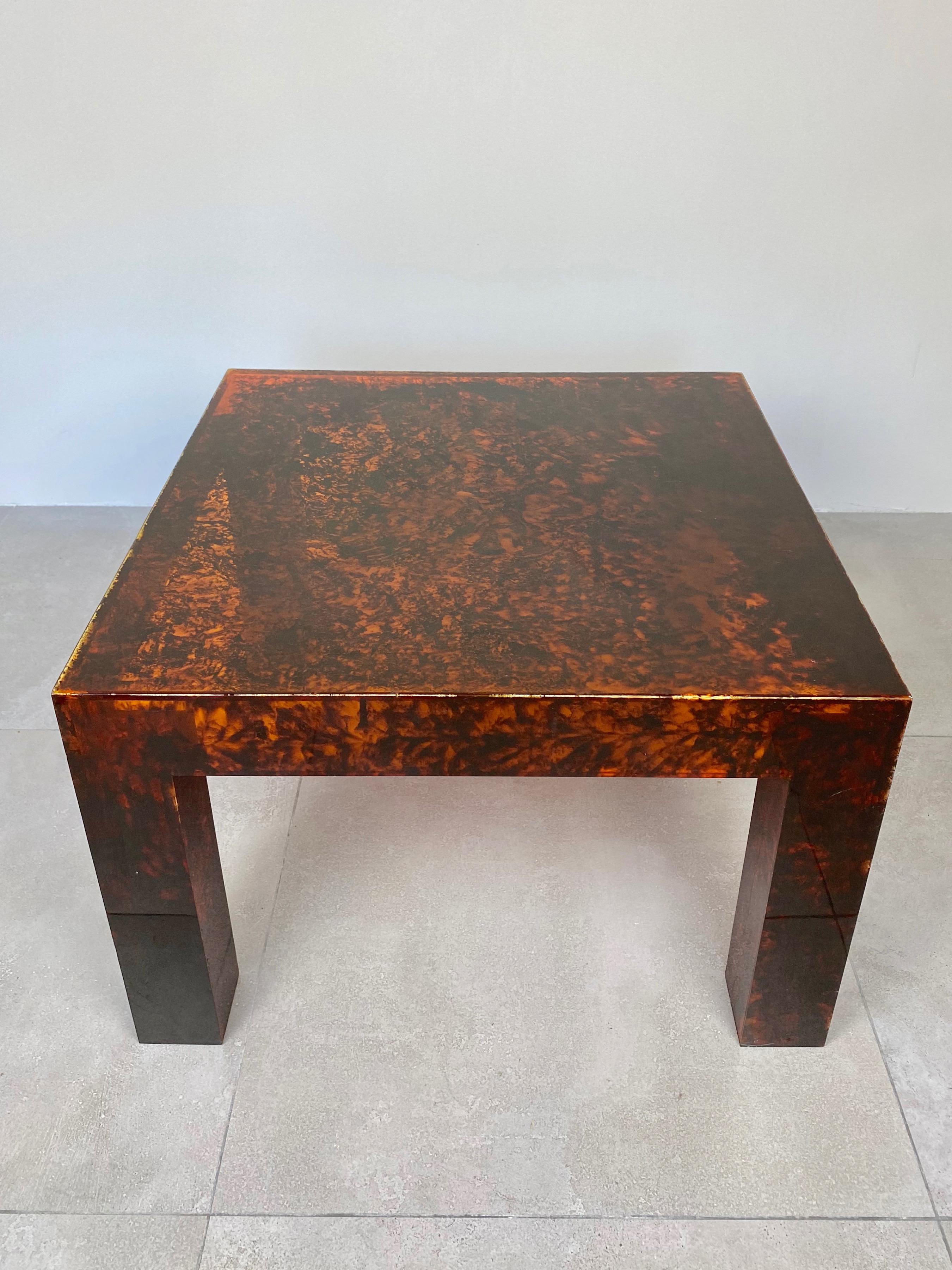 Squared coffee table entirely in faux tortoiseshell Lucite in Christian Dior Home style, 1970s France.