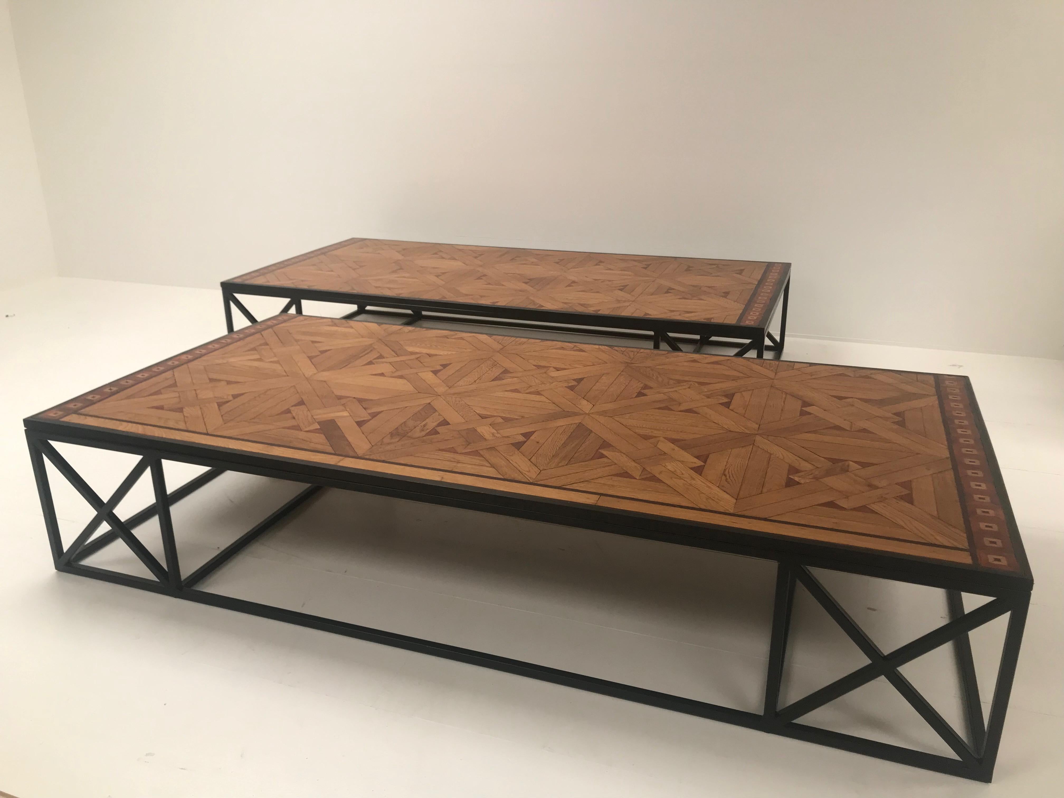 Elegant sofa table in French parquetry,
nice pattern of different forms and colors
5 pieces available, all different sizes.