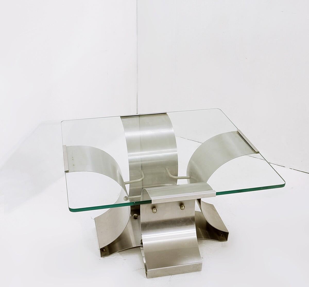 Mid-Century Modern Coffee Table in Glass and Steel by François Monnet for Kappa, France,  1970s