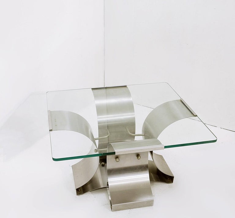 Mid-Century Modern Coffee Table in Glass and Steel by François Monnet for Kappa, France,  1970s For Sale