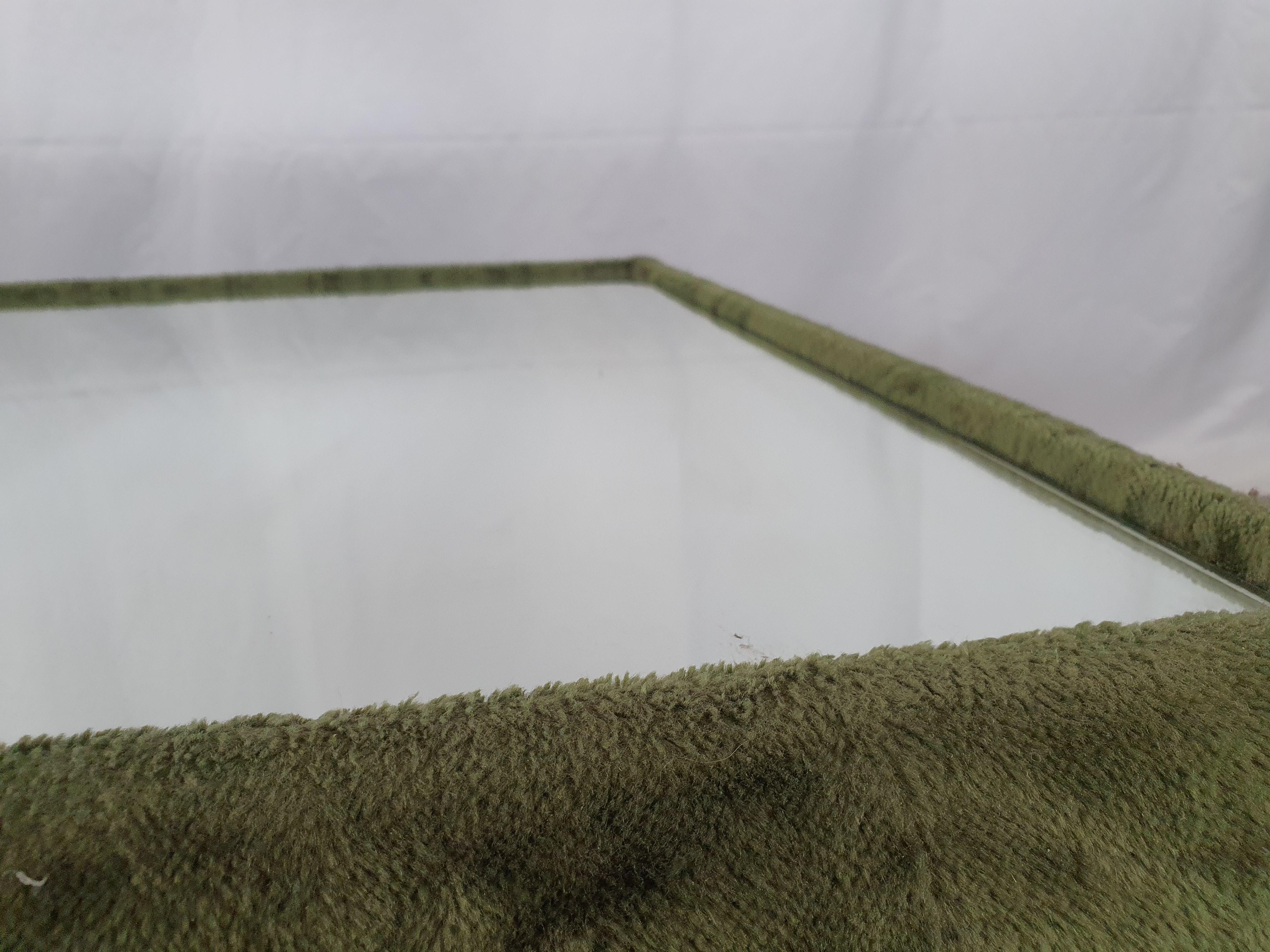 Coffee Table in Green Chenille and Mirror Top, 1970, Italy For Sale 4