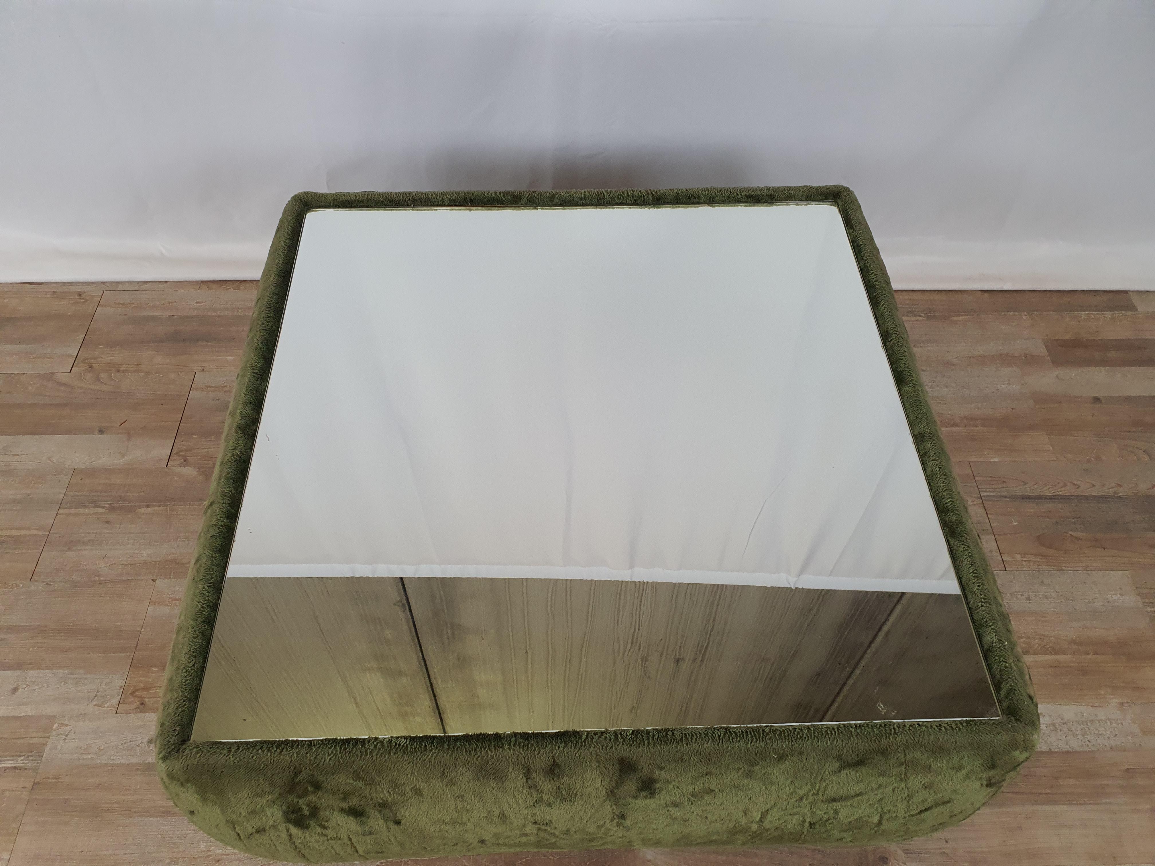 Coffee Table in Green Chenille and Mirror Top, 1970, Italy For Sale 1