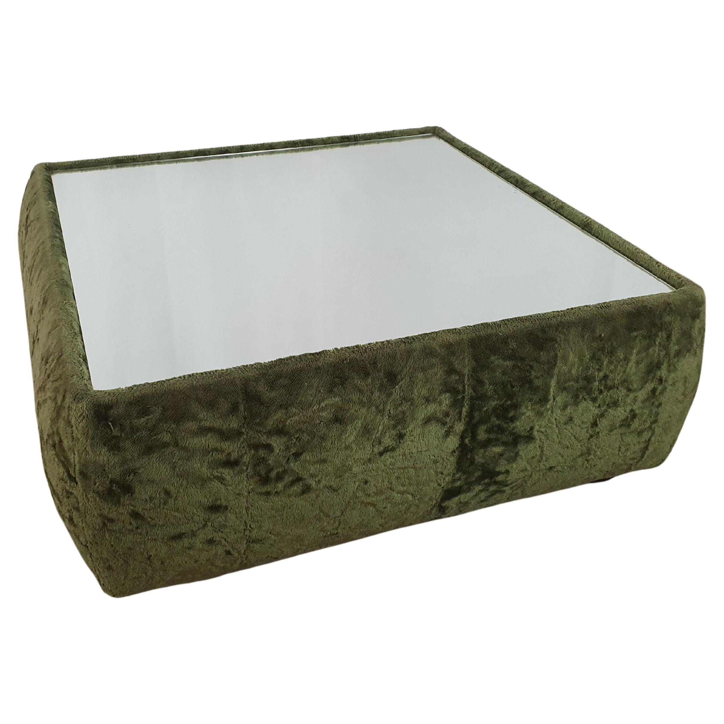Coffee Table in Green Chenille and Mirror Top, 1970, Italy For Sale
