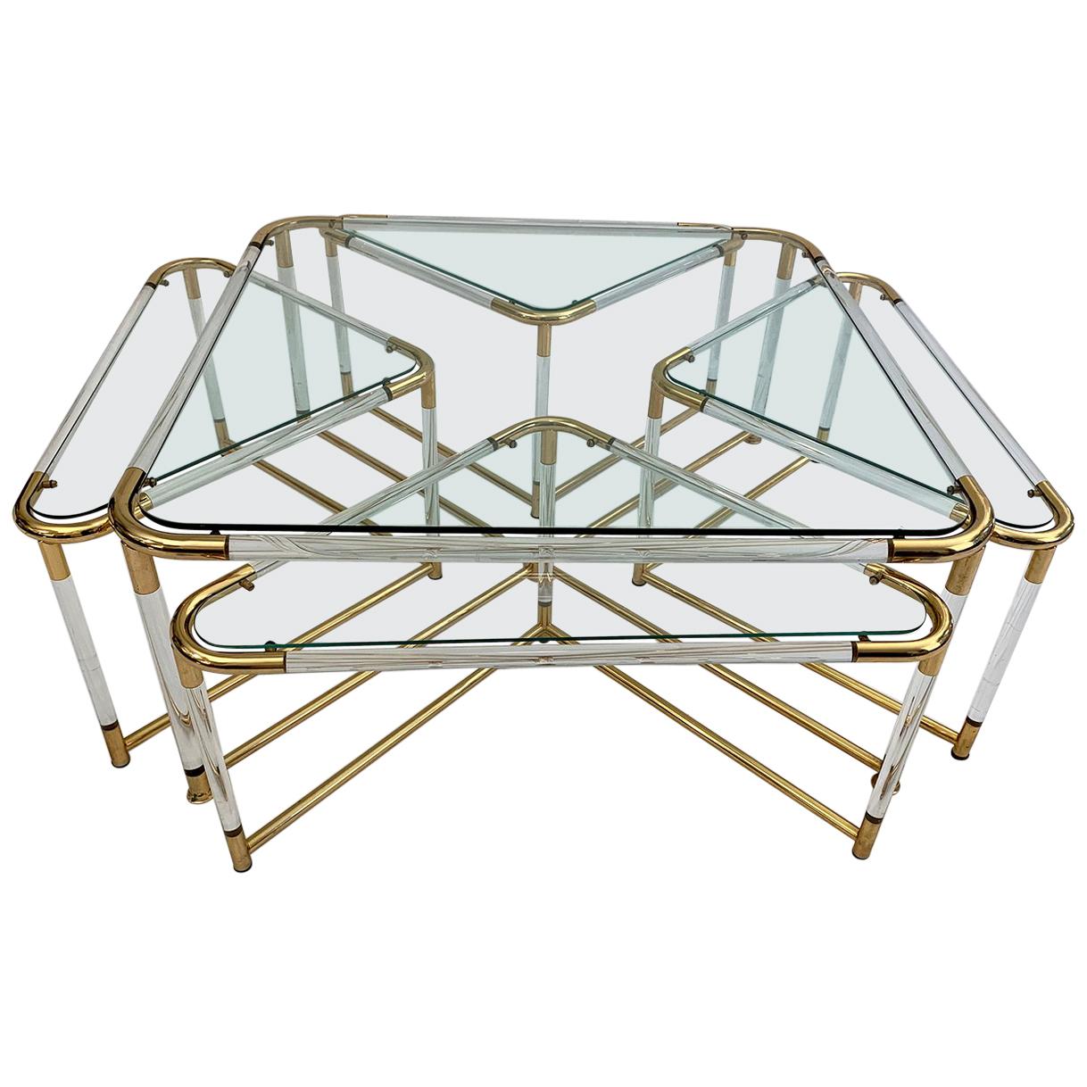 Coffee Table in Lucite and Gold Metal with Four Nesting Tables For Sale