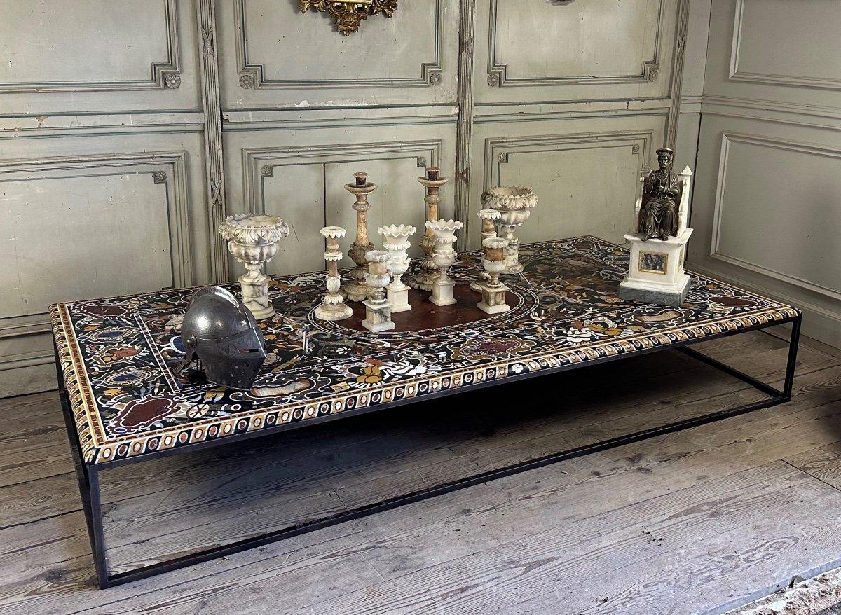 Coffee table, metal base, renaissance style marble marquetry shelf circa 1990