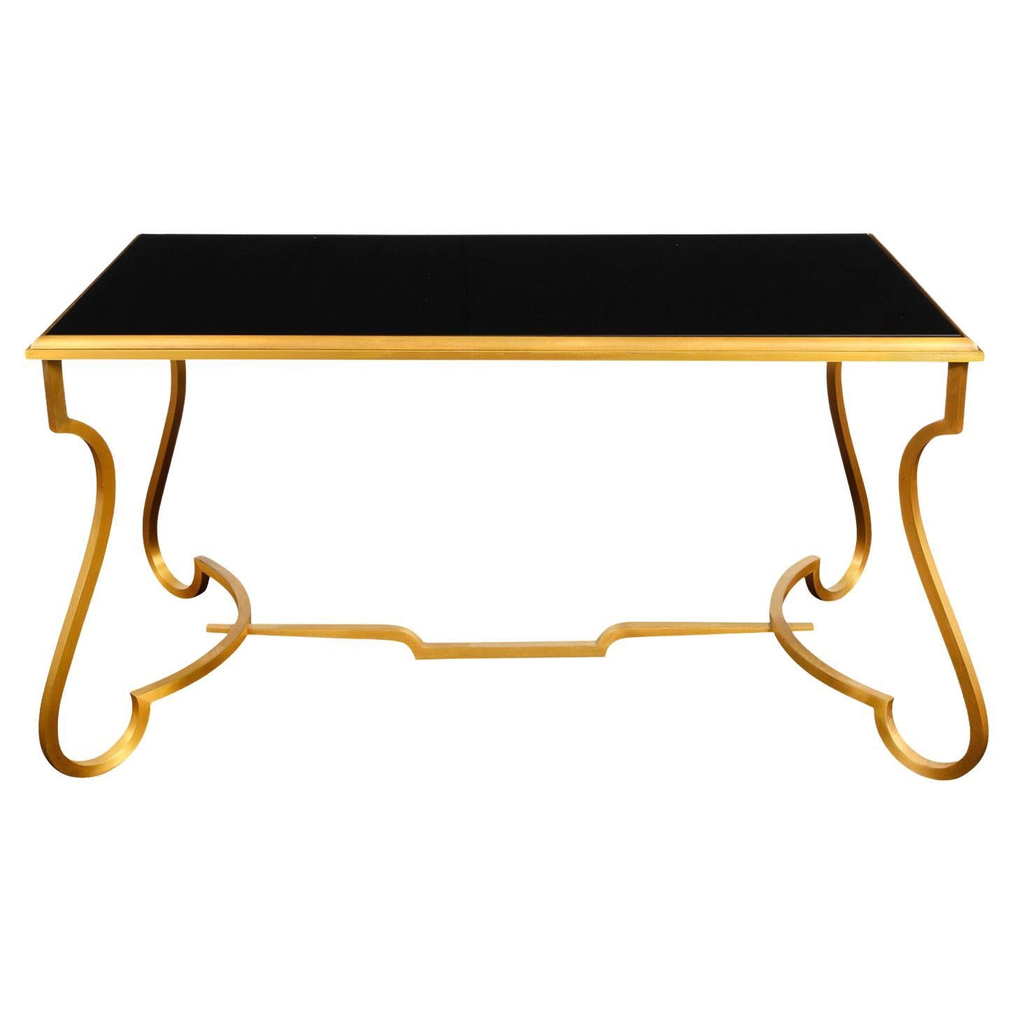 Coffee Table in Matte Gold Plated Brass and Inset Black Glass Top, 2001 For Sale