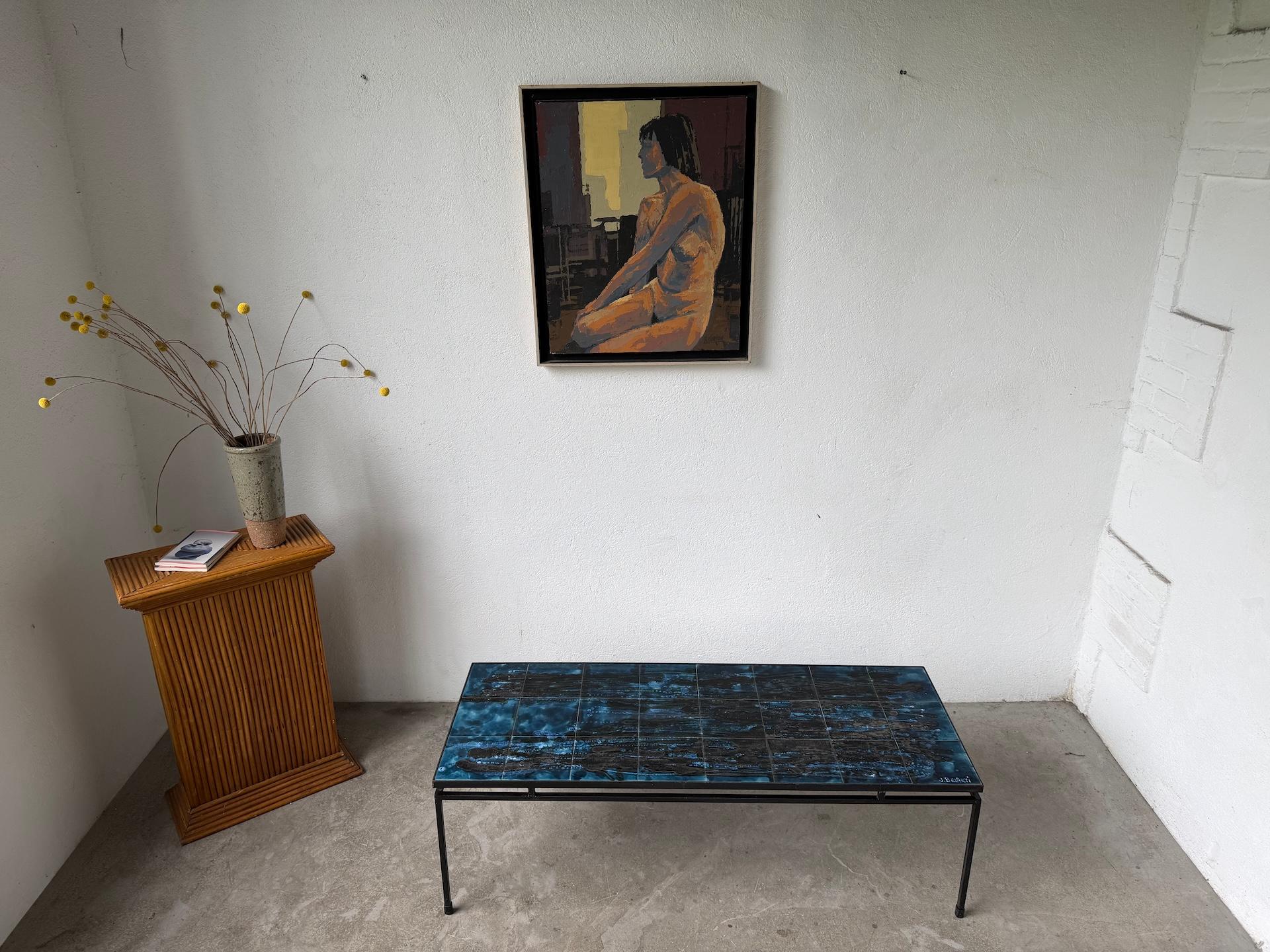 Belge Table basse en métal et céramique, signée J. Belarti, circa 1970
