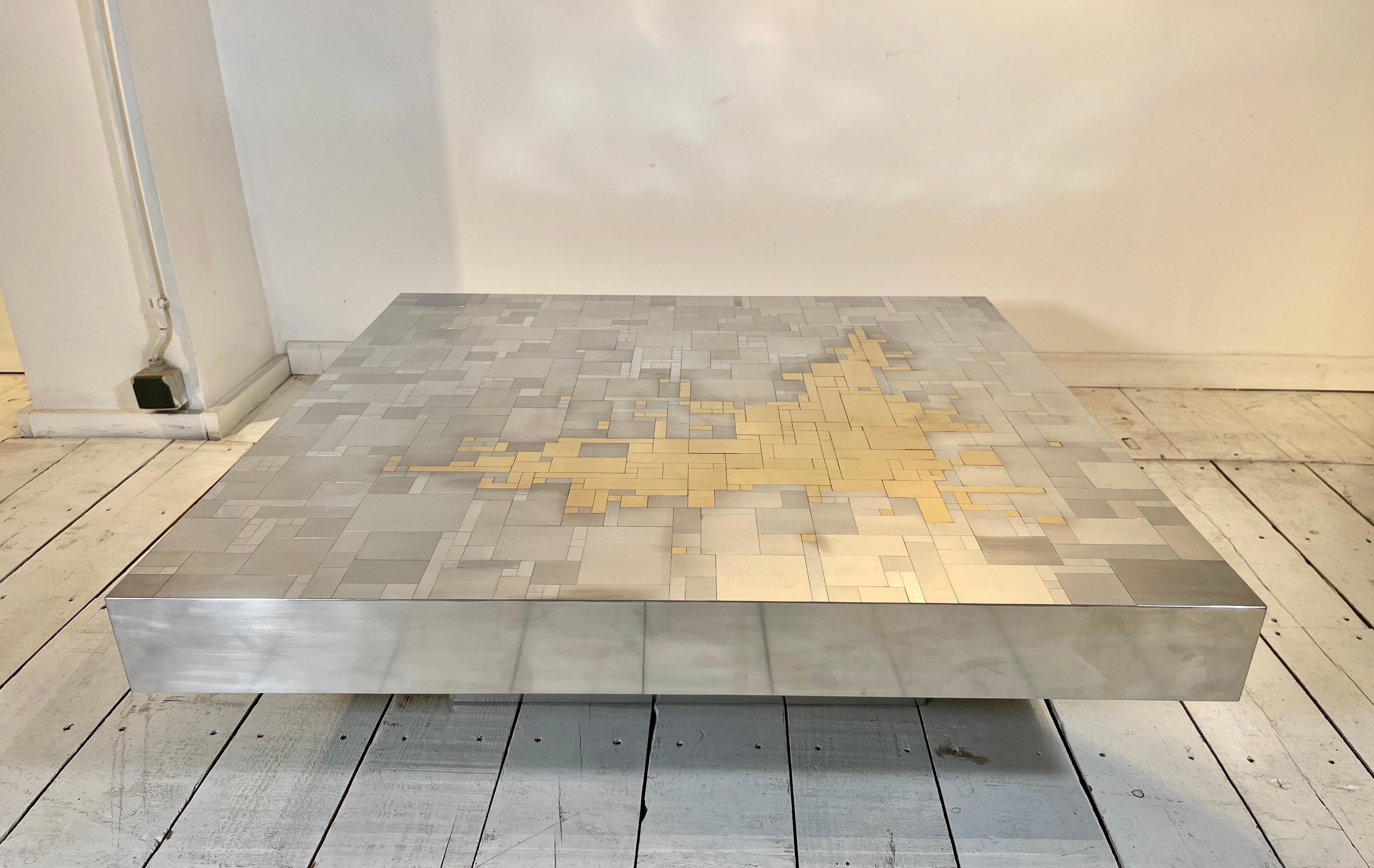 Coffee Table in mosaic brass and stainless steel by Jean Claude Dresse For Sale 2