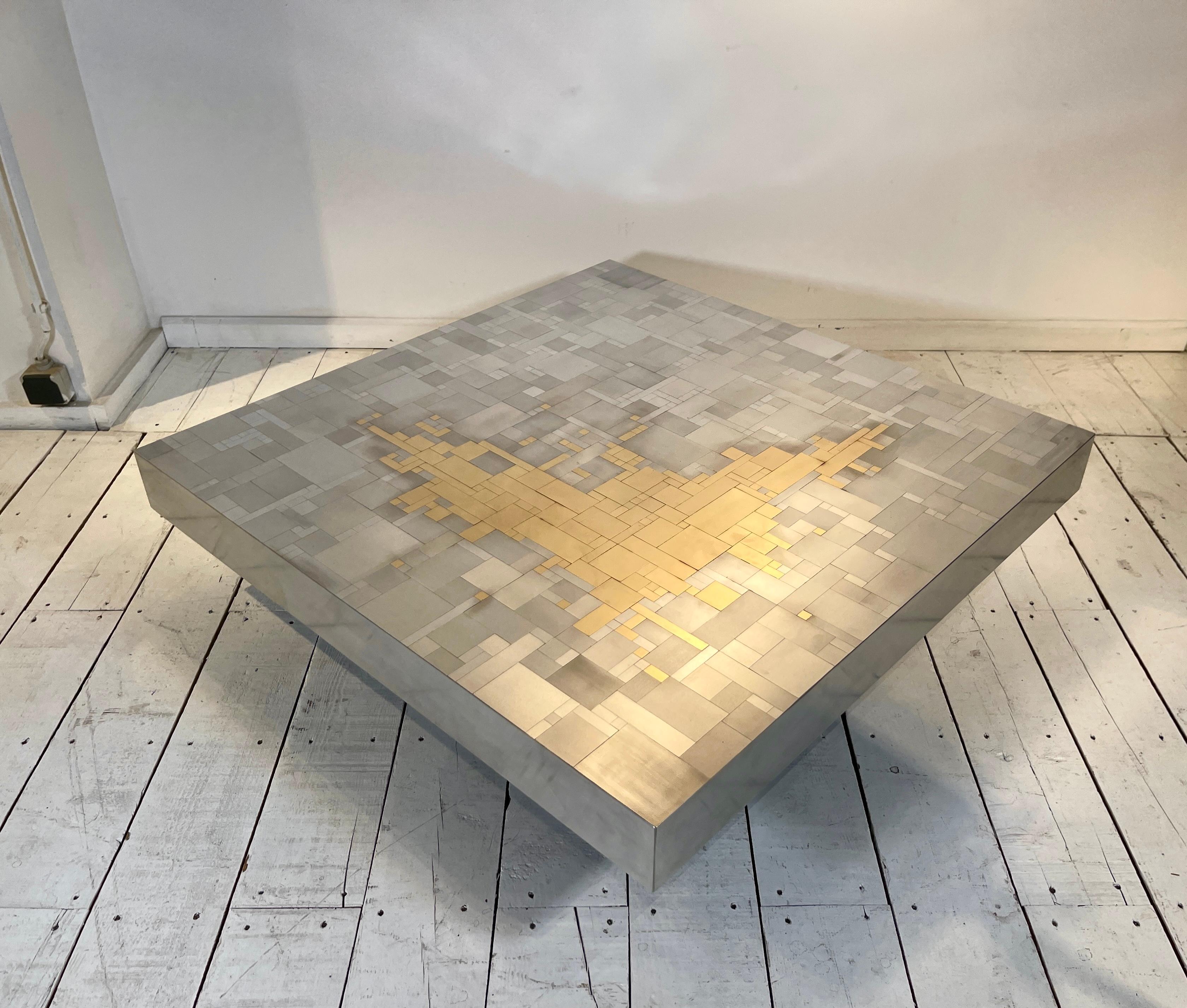 Stainless Steel Coffee Table in mosaic brass and stainless steel by Jean Claude Dresse For Sale