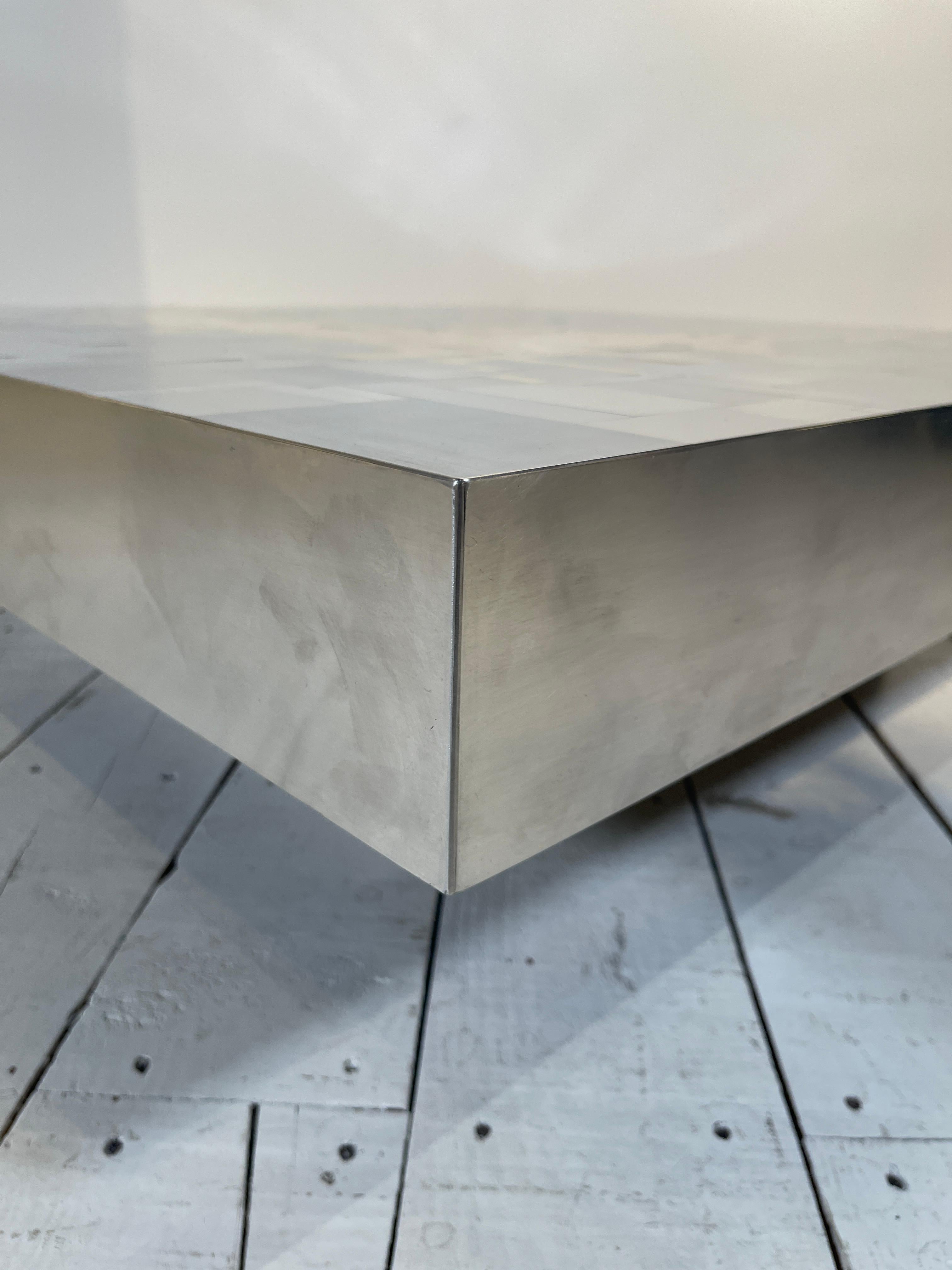 Coffee Table in mosaic brass and stainless steel by Jean Claude Dresse For Sale 1