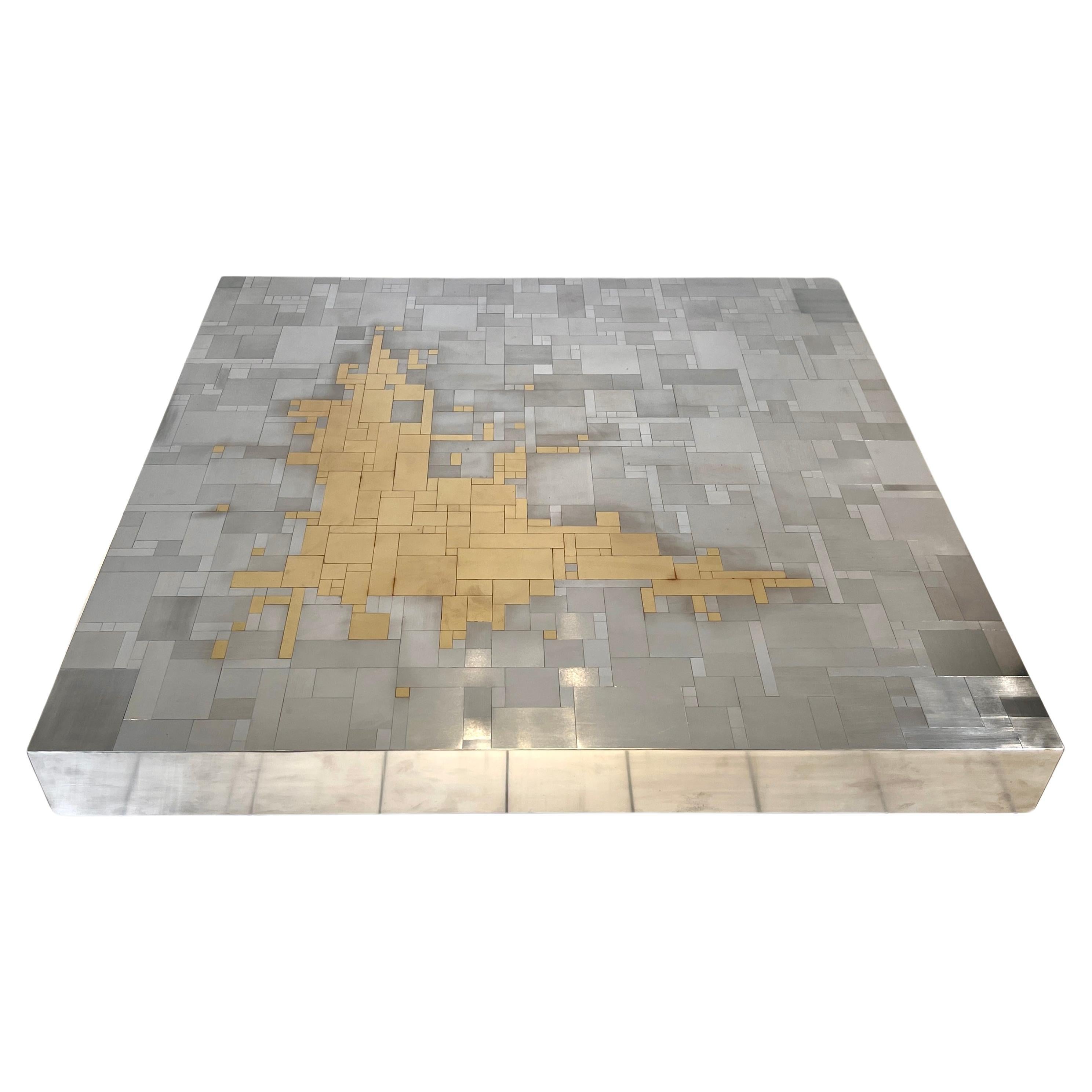 Coffee Table in mosaic brass and stainless steel by Jean Claude Dresse