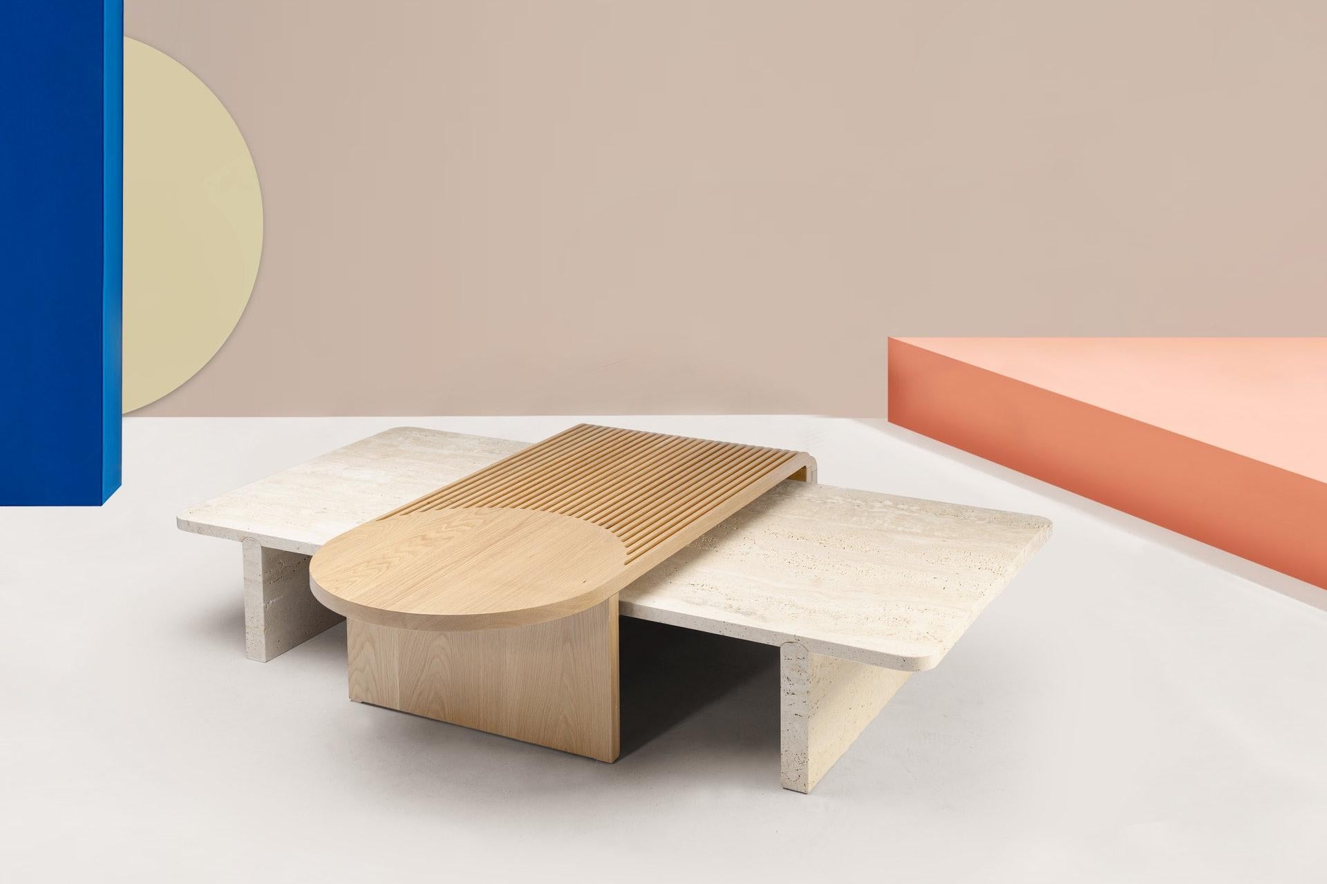 Contemporary DOOQ Coffee Table in Natural Travertine and Natural Oak Stick and Stone For Sale