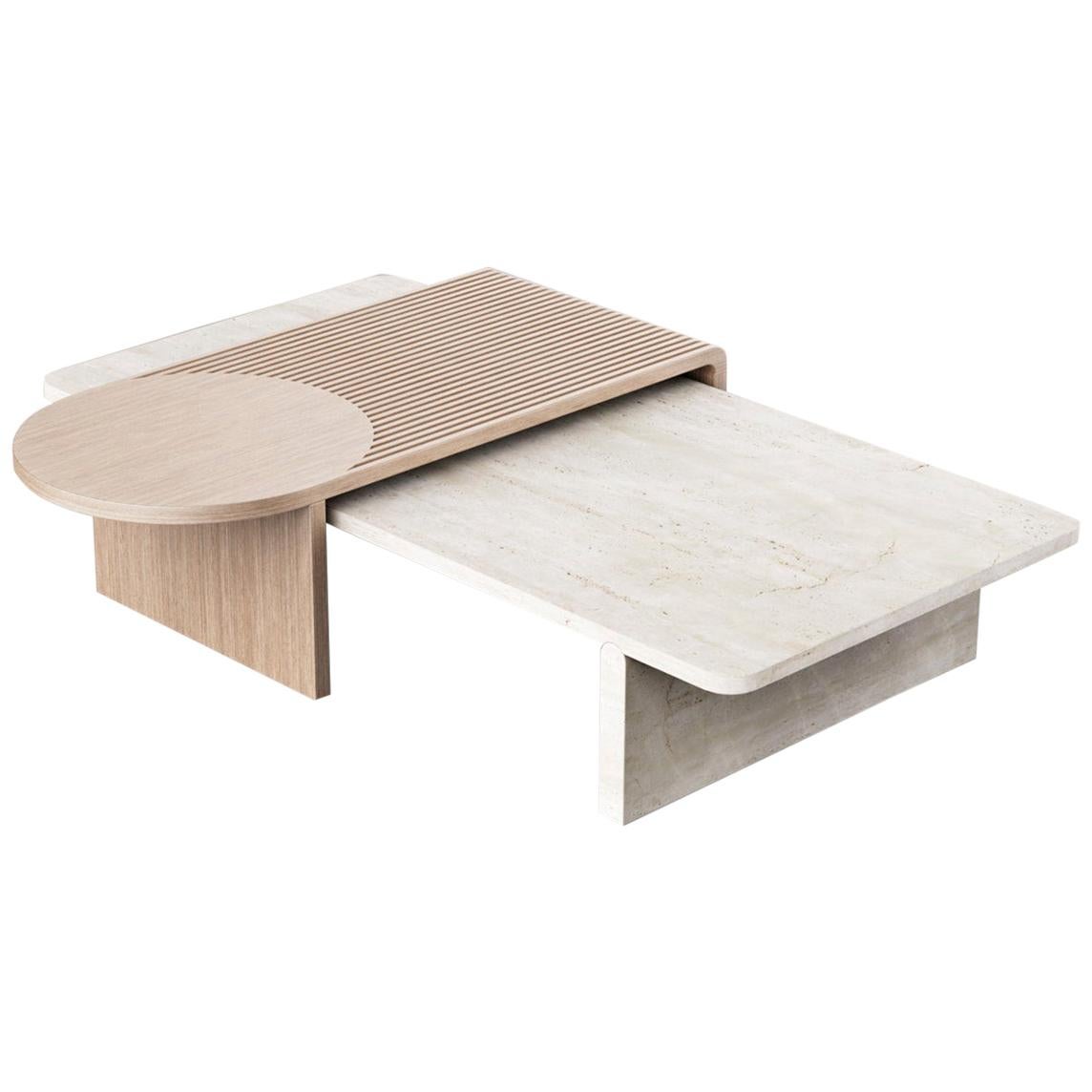 Coffee Table in Natural Travertine and Natural Oak Stick and Stone For Sale