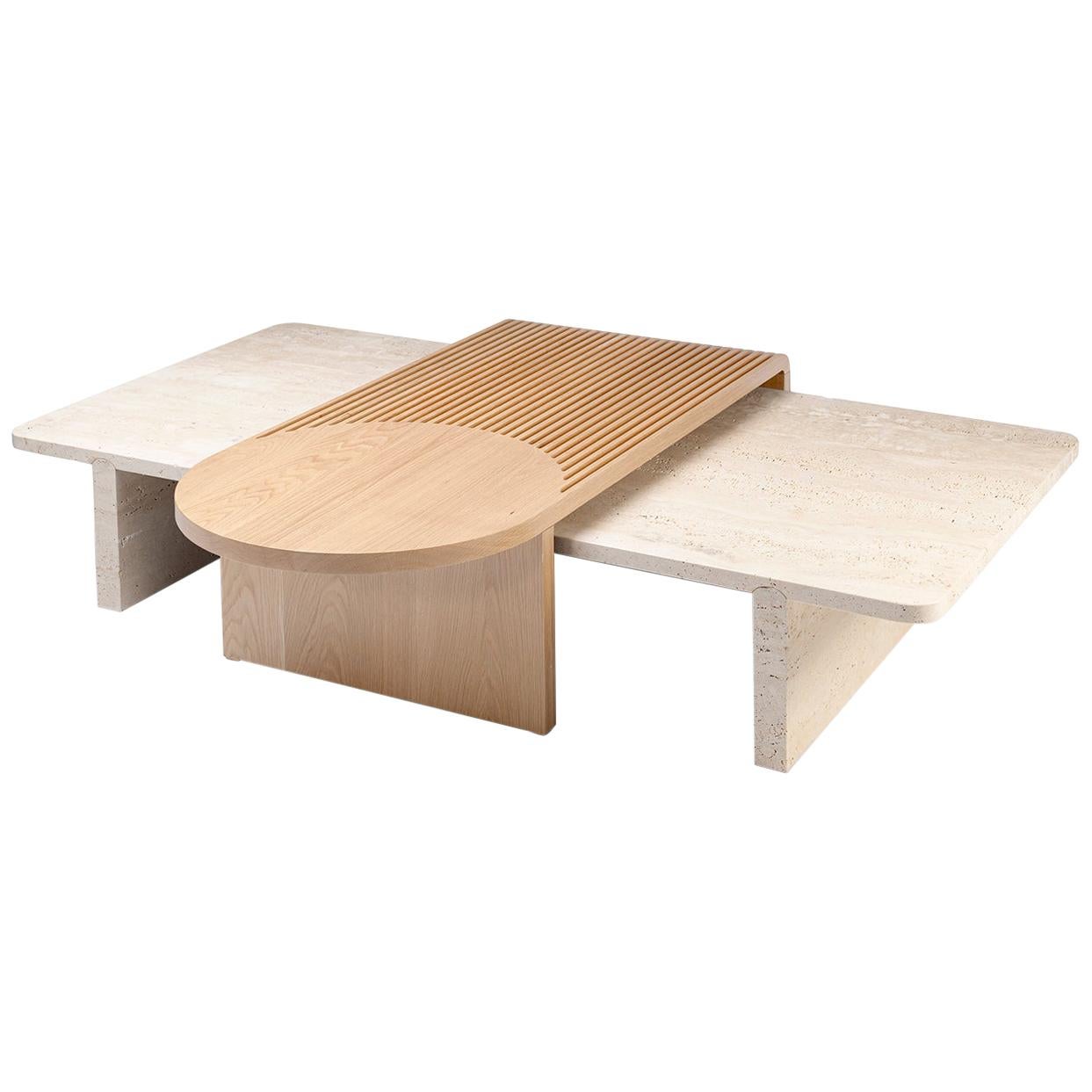 Table basse DOOQ en travertin naturel et chêne naturel, bâton et pierre en vente