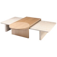 DOOQ Coffee Table in Natural Travertine and Natural Oak Stick and Stone