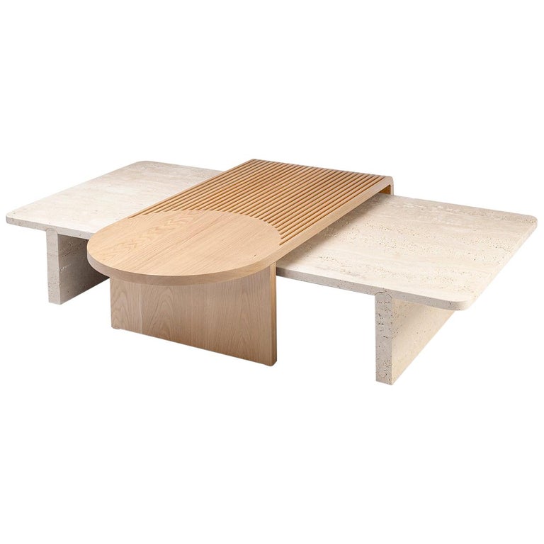 Natural Travertine and Oak Coffee Table, 2020, offered by dooq