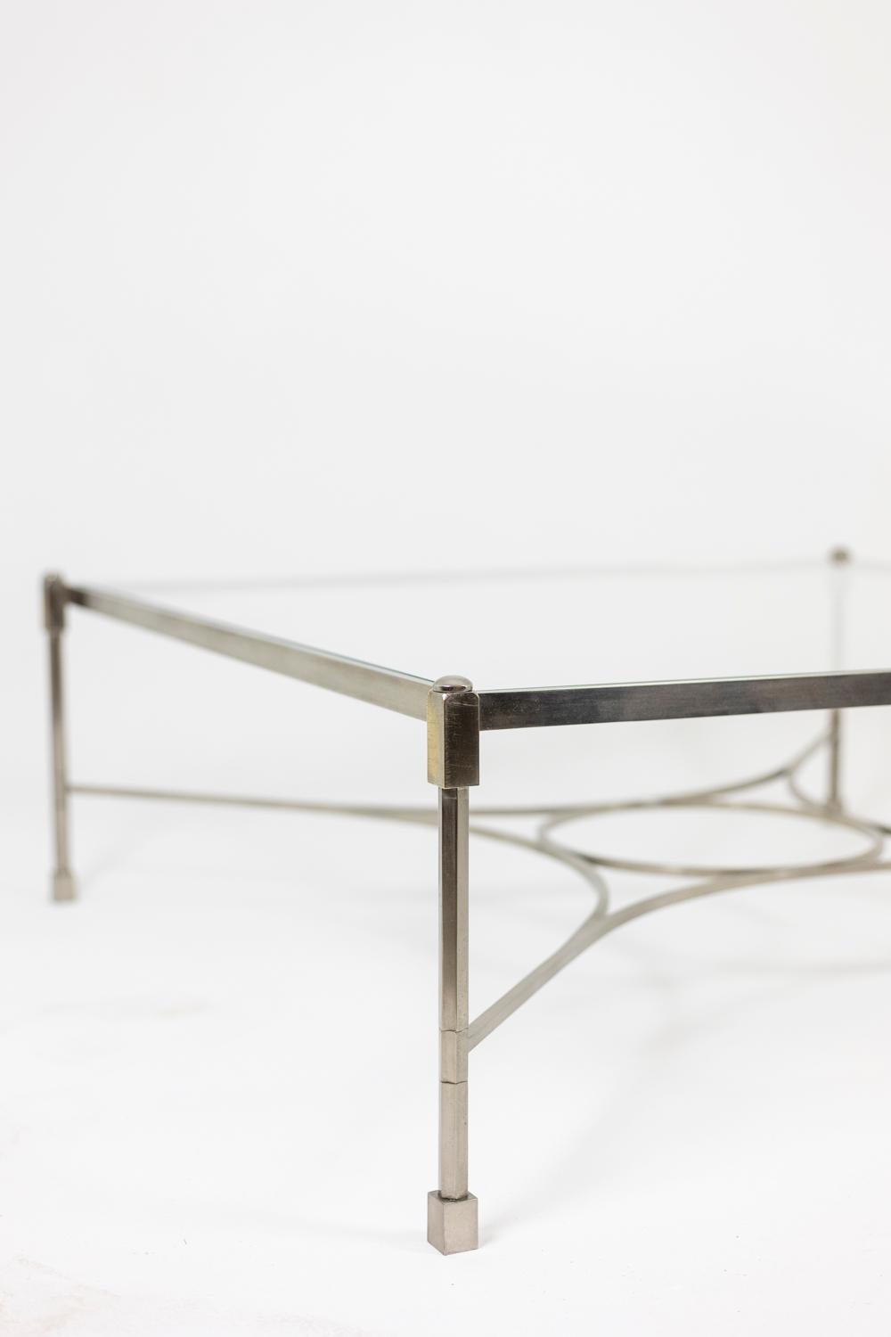 French Coffee Table in Nickel-Plated Steel and Glass, 1970s For Sale