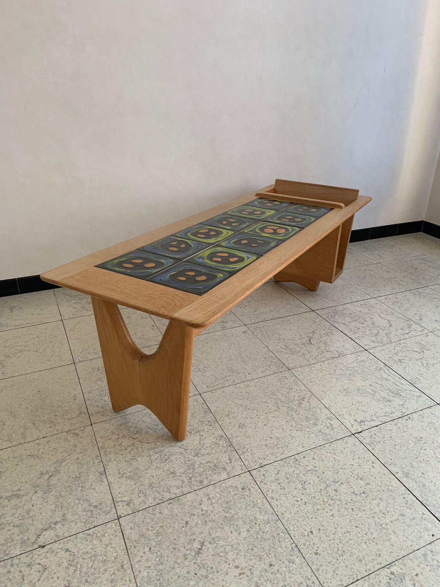 French Coffee table in oak and ceramic by Guillerme et Chambron