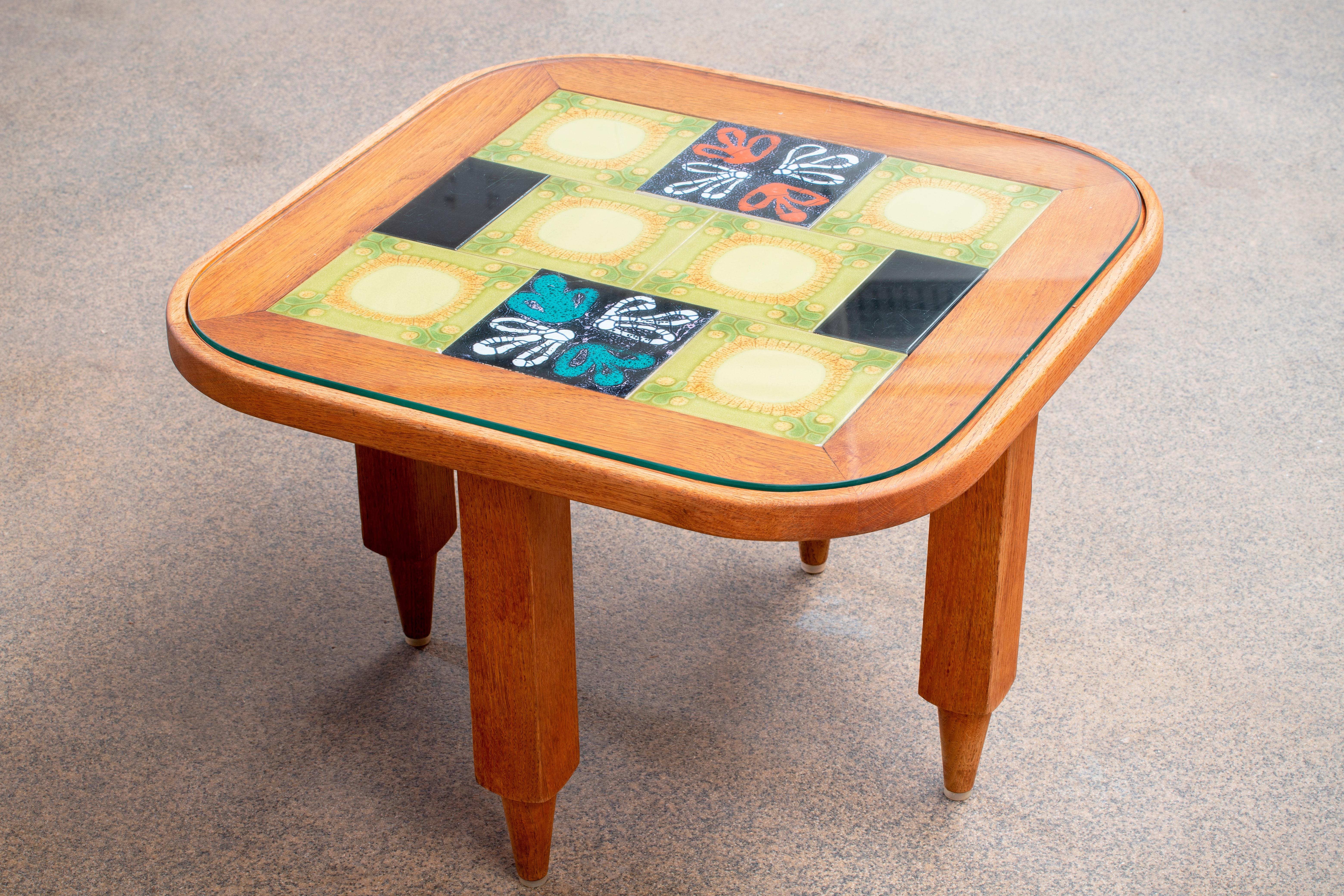 Mid-Century Modern Coffee Table, in Oak and Ceramic by Guillerme et Chambron, France, 1960 For Sale