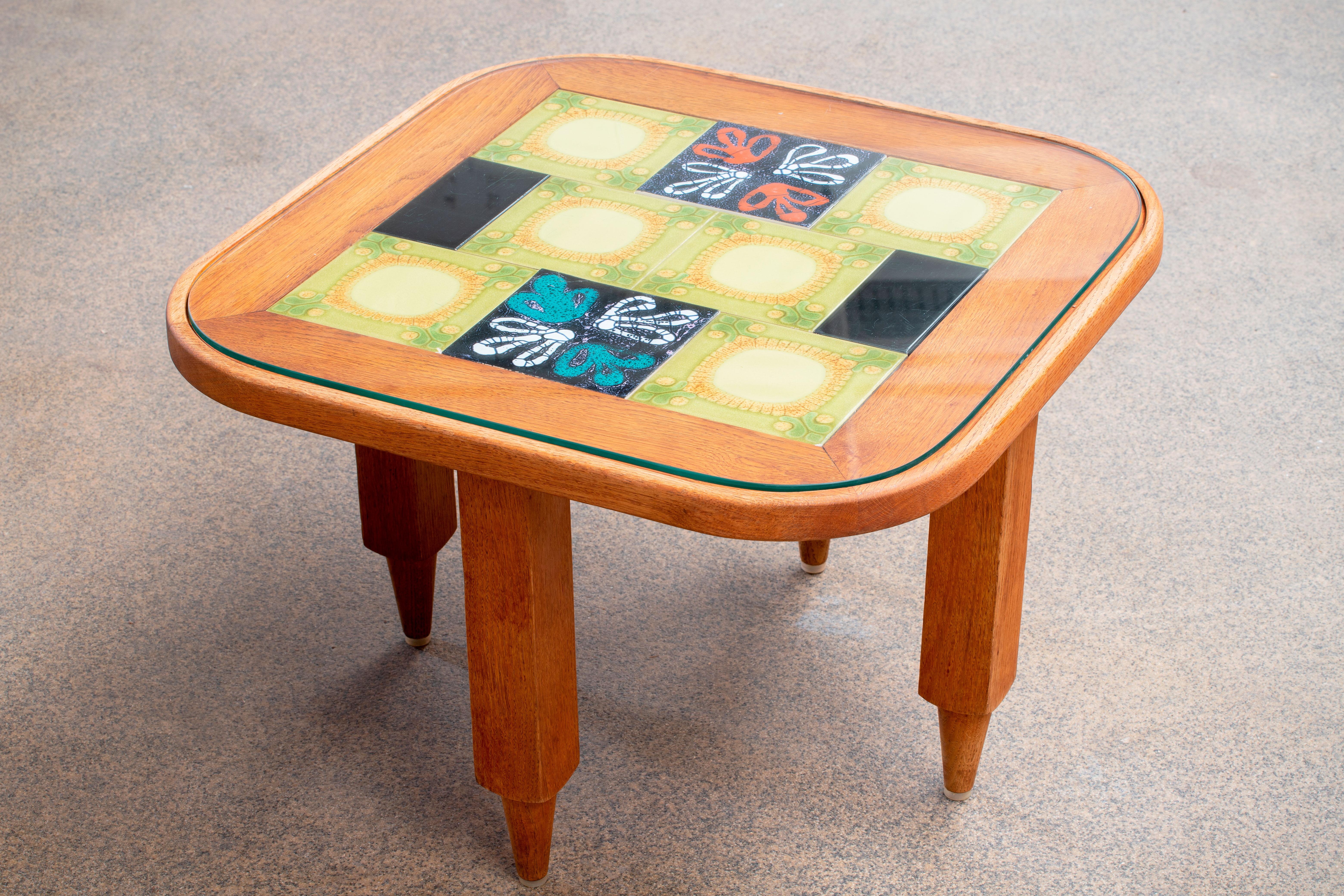 Mid-Century Modern Table basse, en chêne et céramique de Guillerme et Chambron, France, 1960 en vente