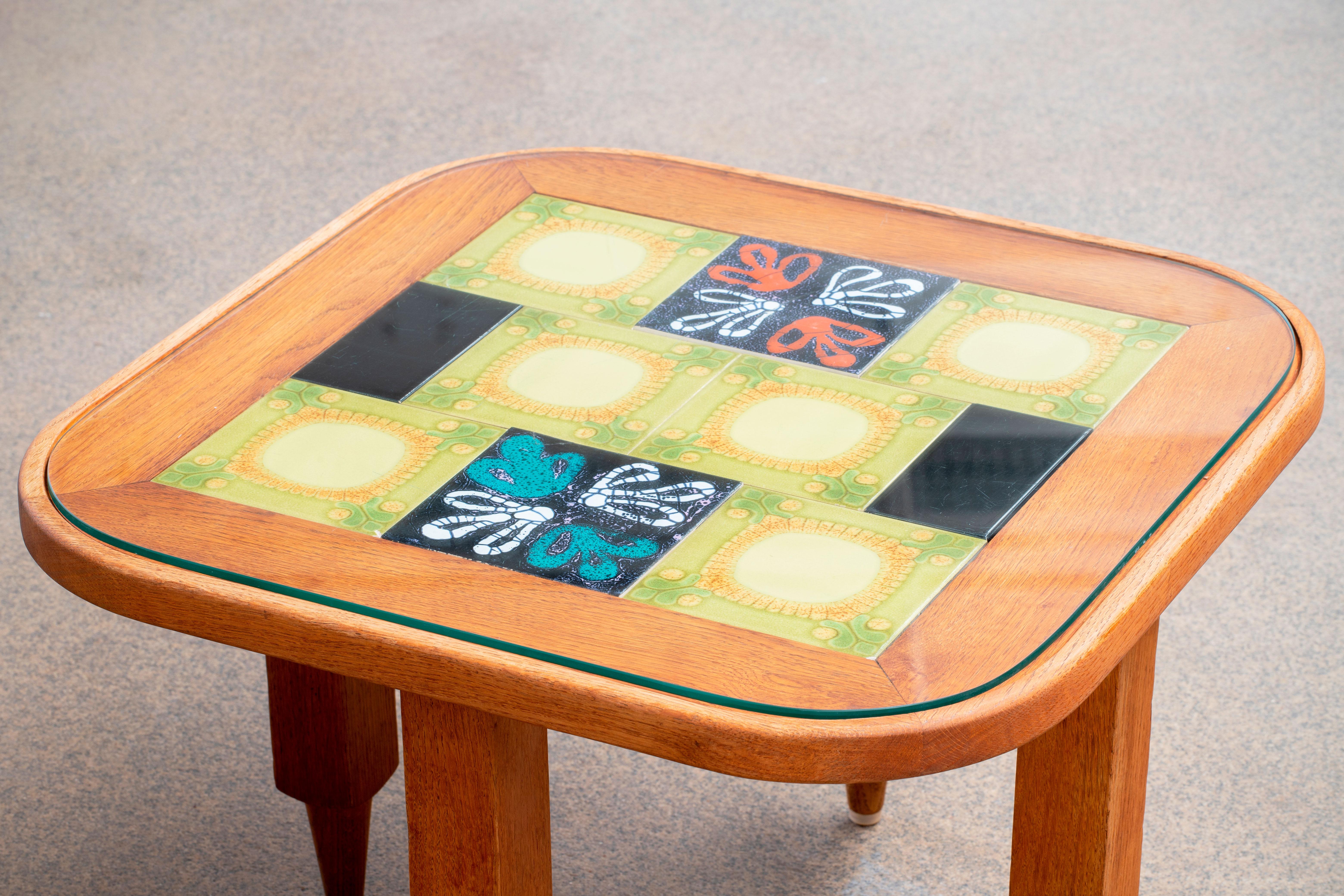 French Coffee Table, in Oak and Ceramic by Guillerme et Chambron, France, 1960 For Sale