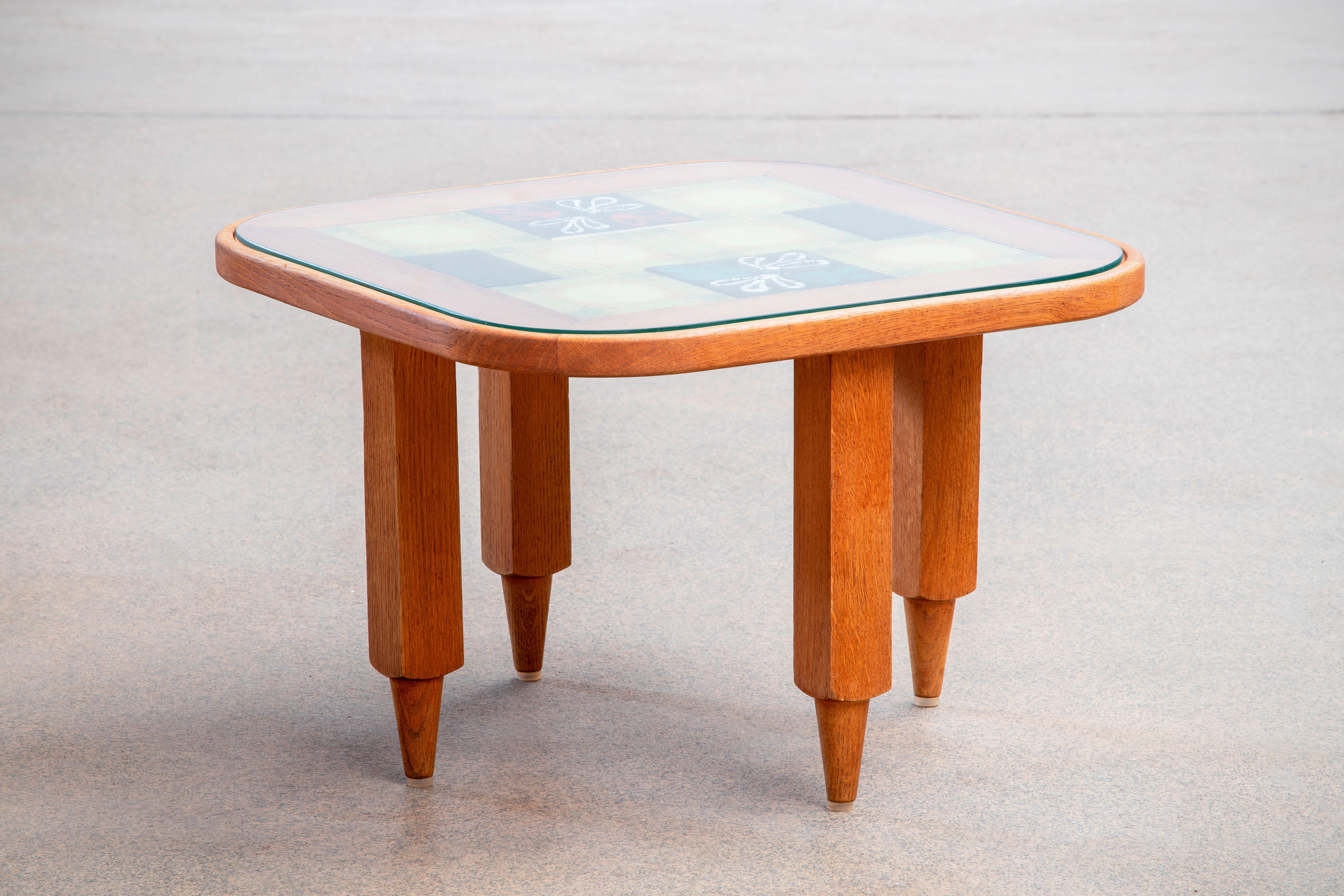20th Century Coffee Table, in Oak and Ceramic by Guillerme et Chambron, France, 1960 For Sale