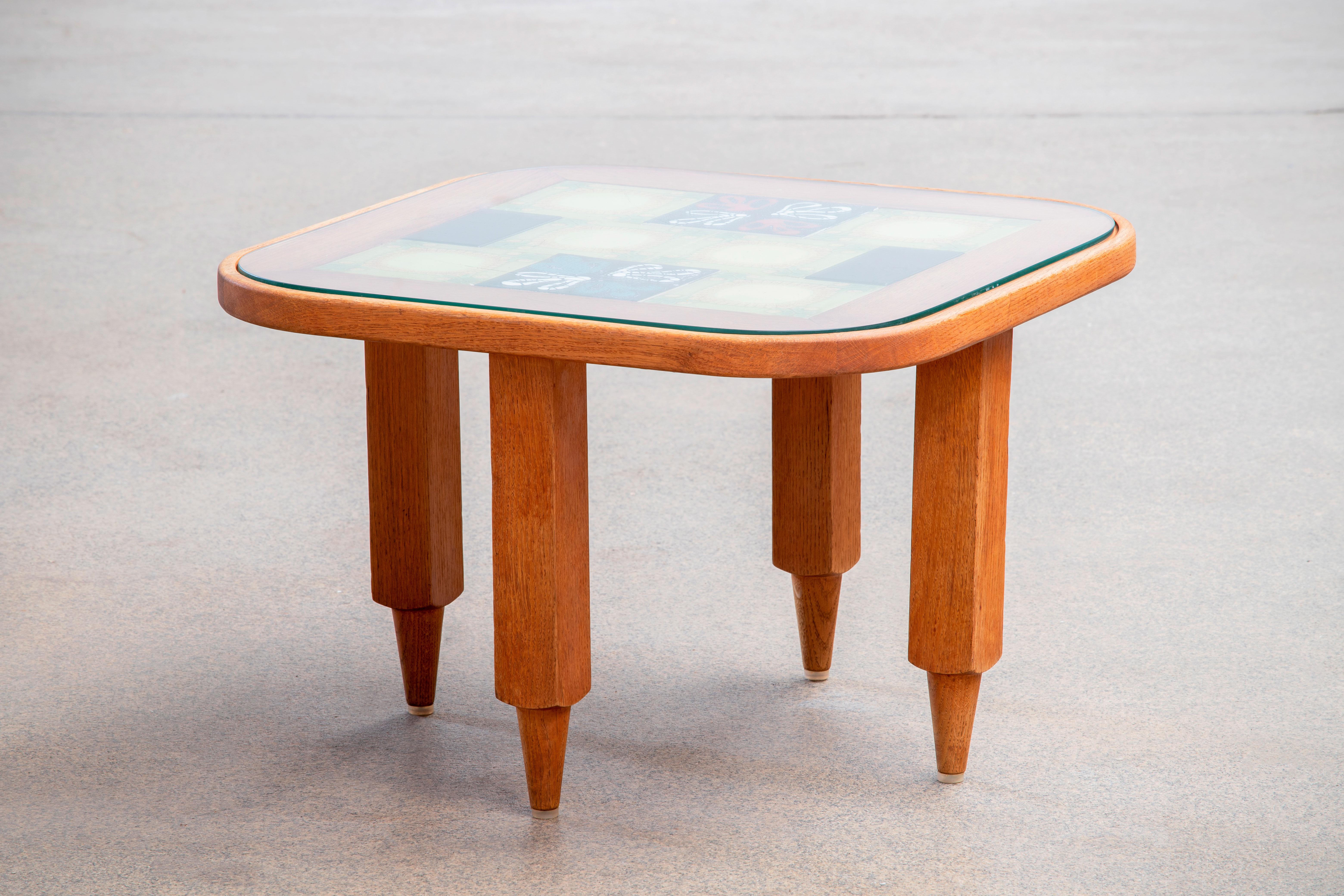 Coffee Table, in Oak and Ceramic by Guillerme et Chambron, France, 1960 For Sale 1