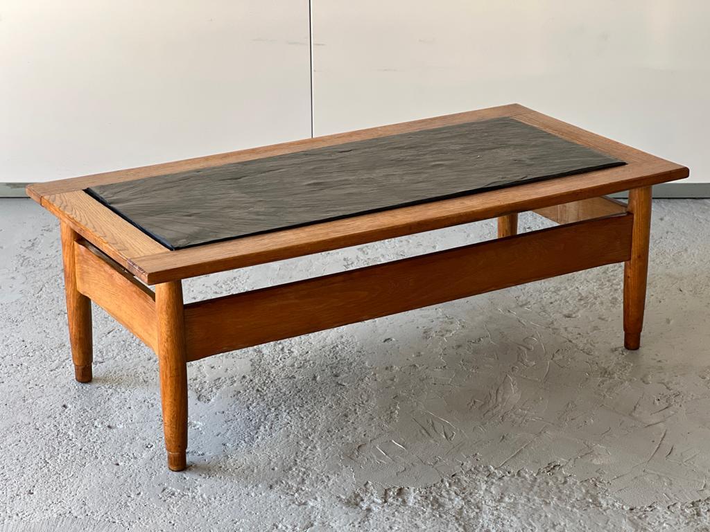 French Coffee table in oak and slate 1960 For Sale