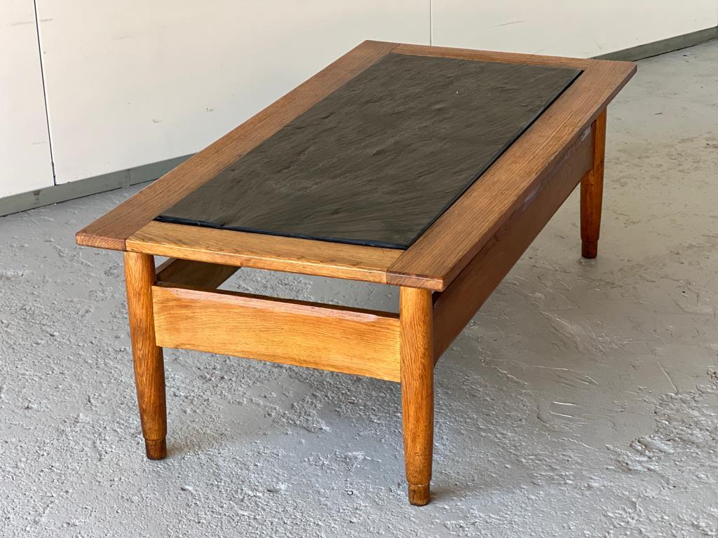 Mid-20th Century Coffee table in oak and slate 1960 For Sale
