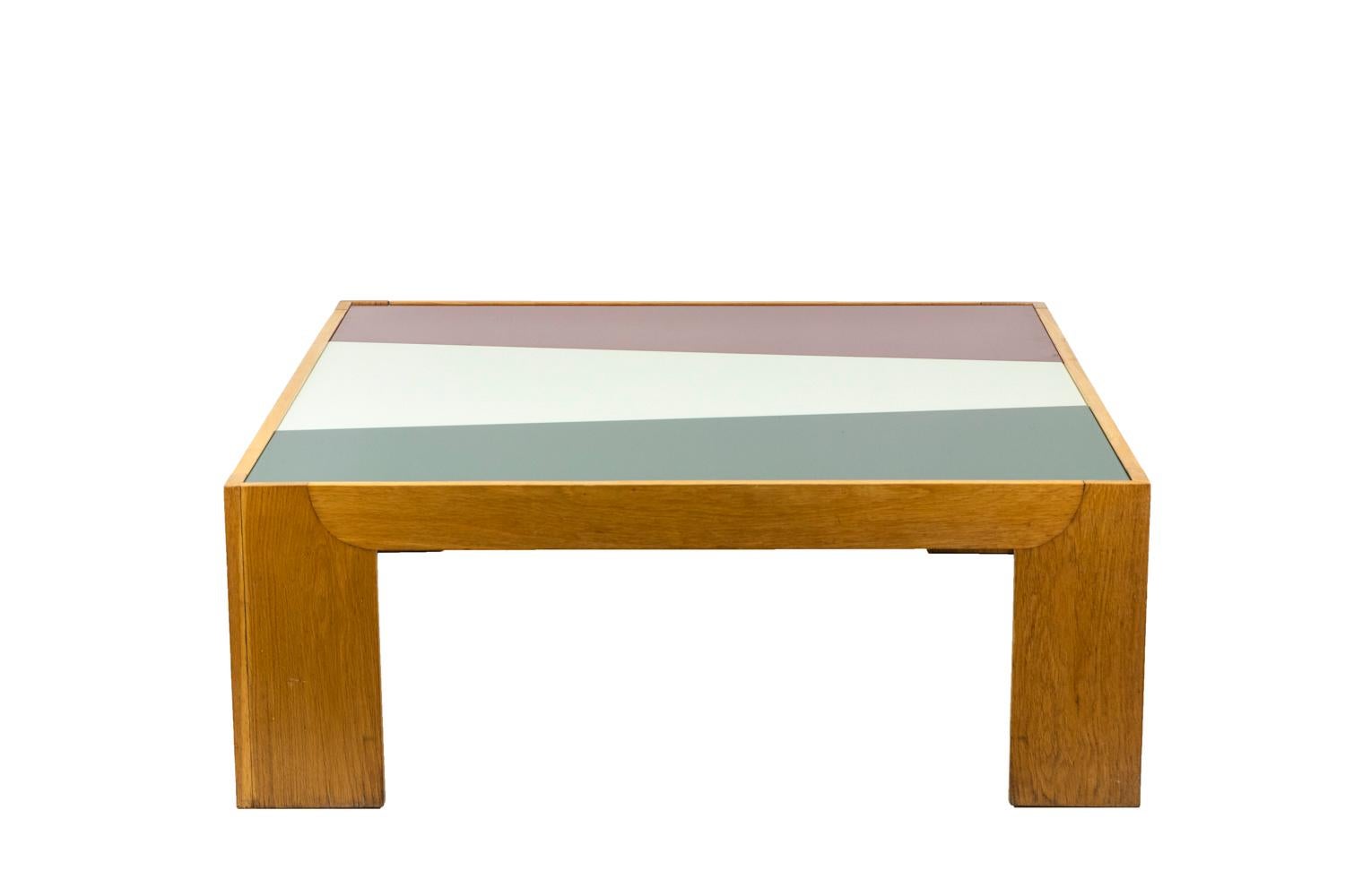 European Coffee Table in Oak and Tray in Colored Glass, 1970’s