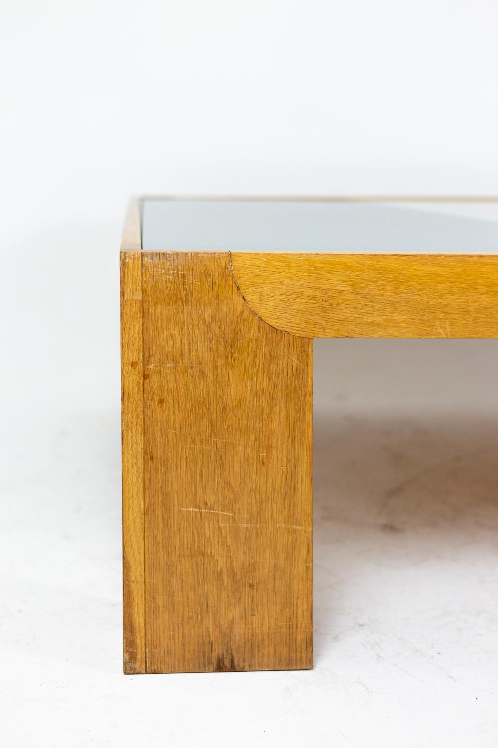 Late 20th Century Coffee Table in Oak and Tray in Colored Glass, 1970’s
