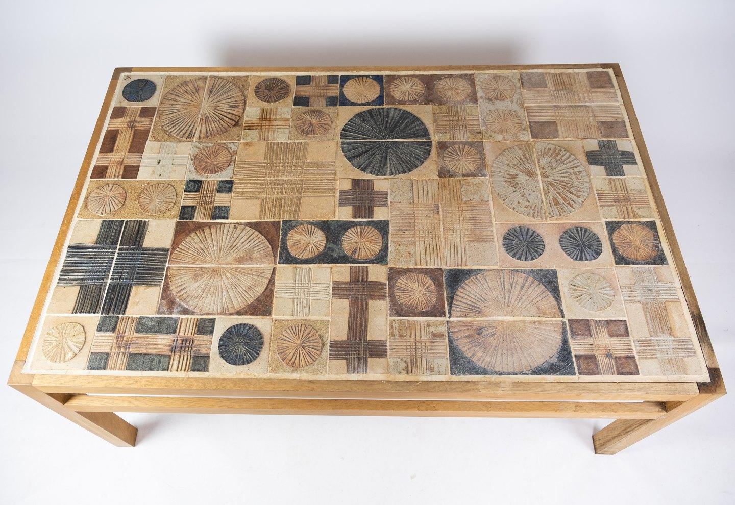 Danish Coffee Table in Oak and with Different Tiles, Designed by Tue Poulsen, 1970s