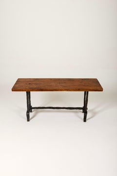 Coffee Table In Oak And Wrought Iron, 1980s