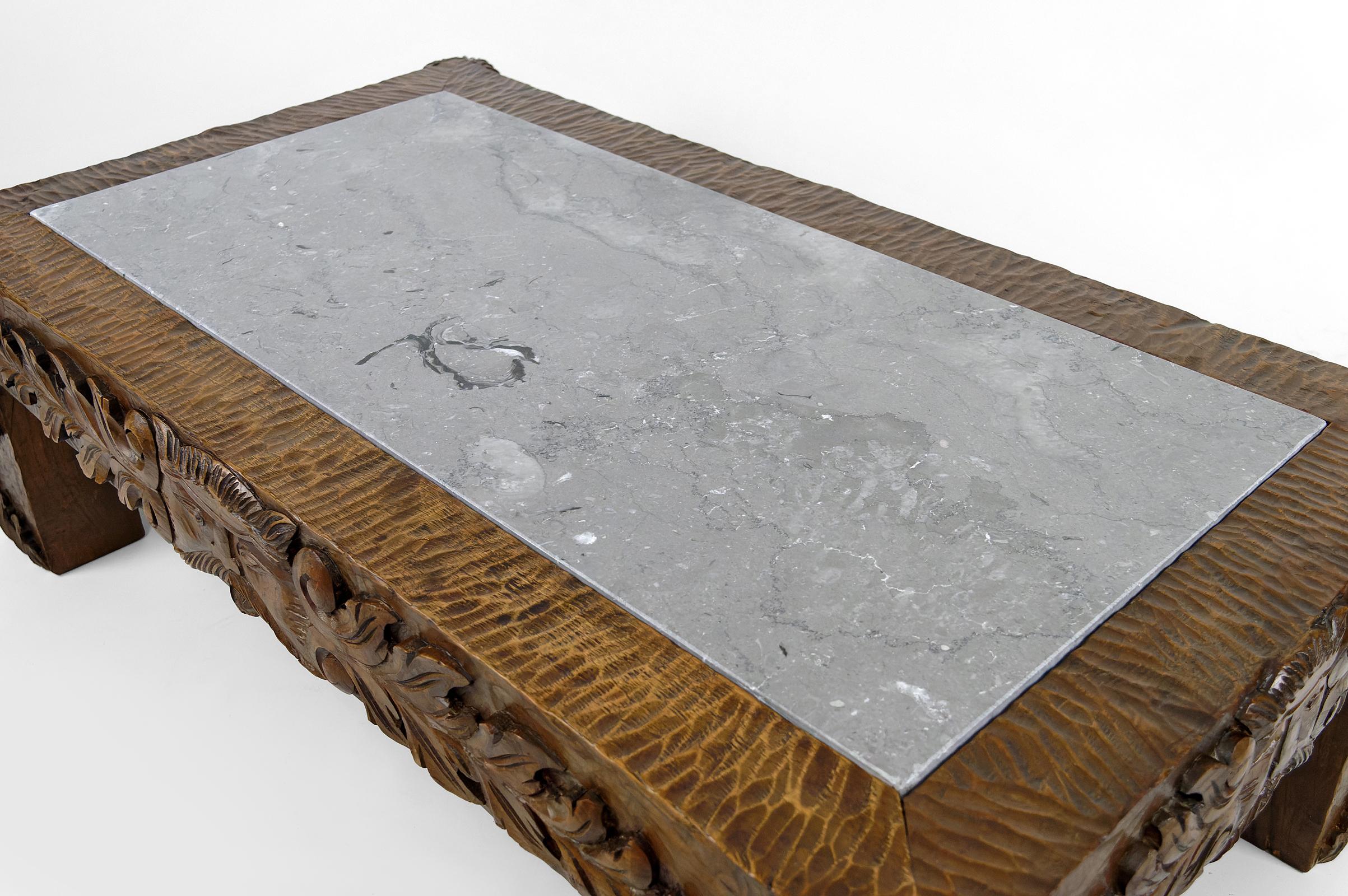 Coffee table in oak carved with faun heads and marble top, France, Circa 1940 For Sale 2