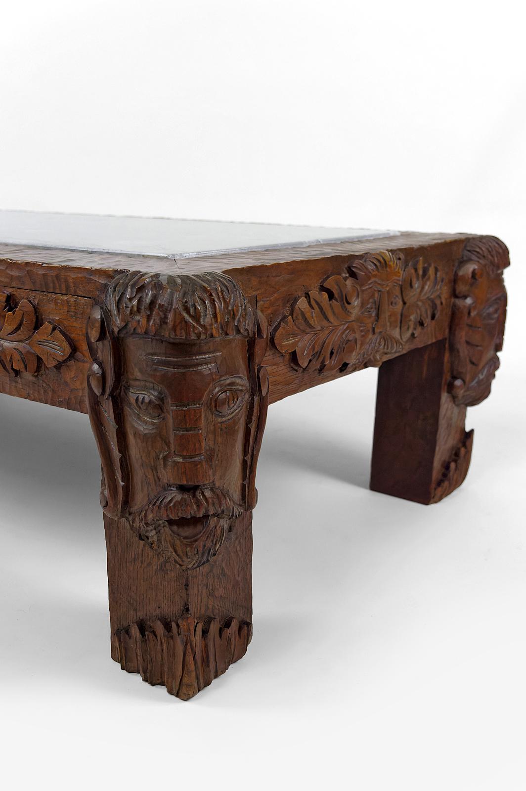 Coffee table in oak carved with faun heads and marble top, France, Circa 1940 For Sale 3