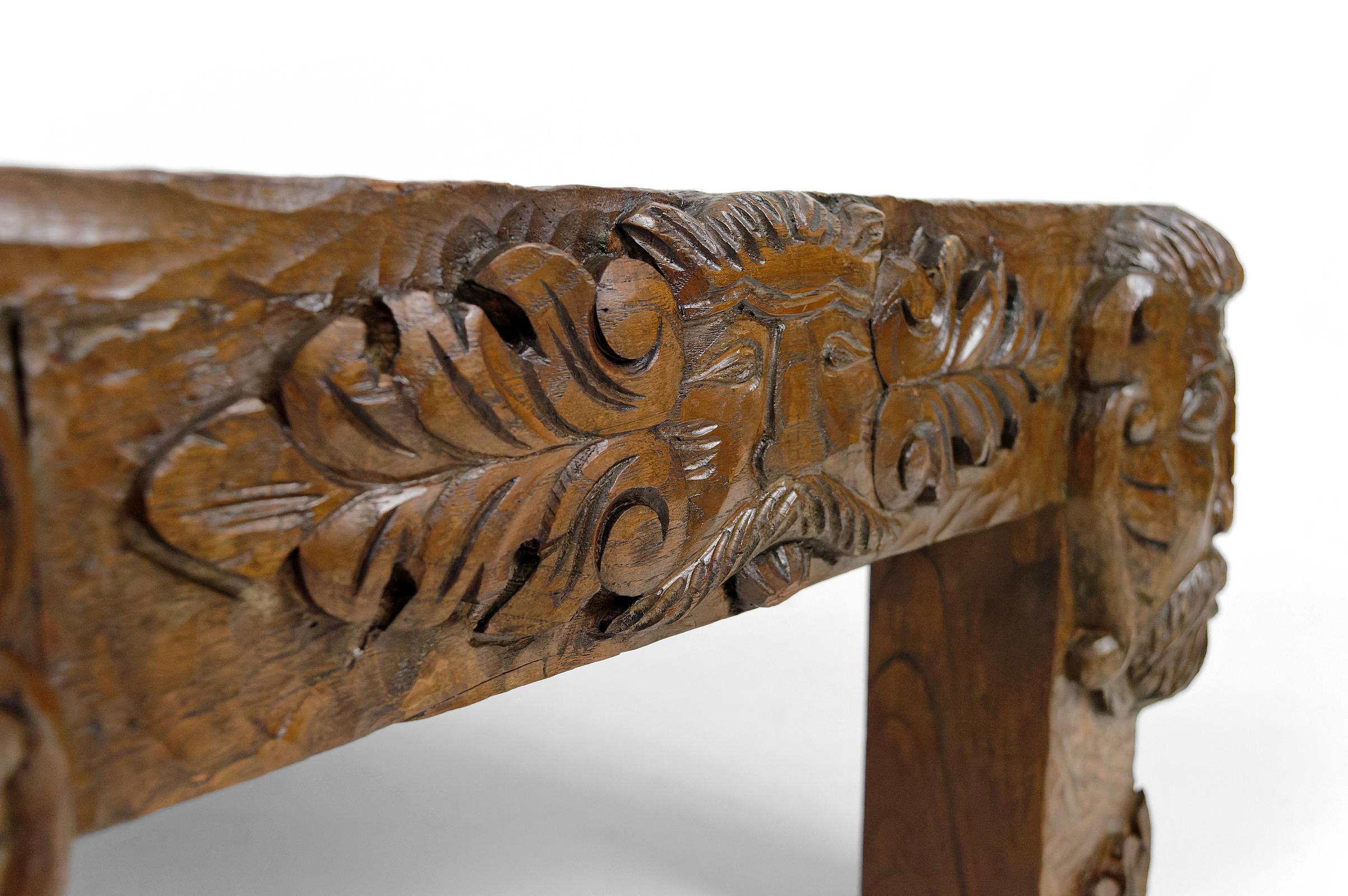 Coffee table in oak carved with faun heads and marble top, France, Circa 1940 For Sale 5