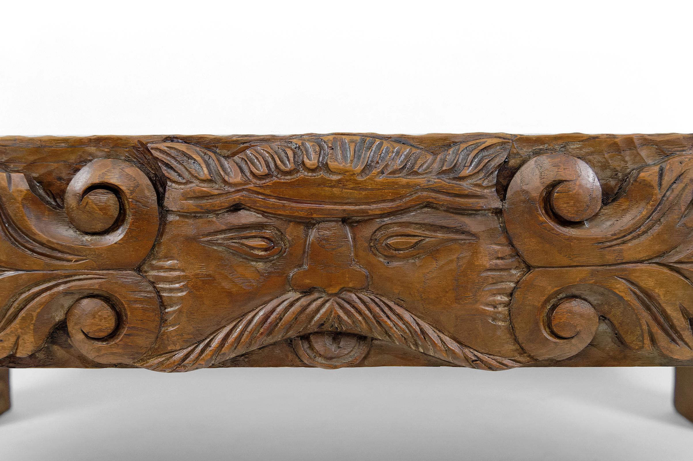 Coffee table in oak carved with faun heads and marble top, France, Circa 1940 For Sale 6