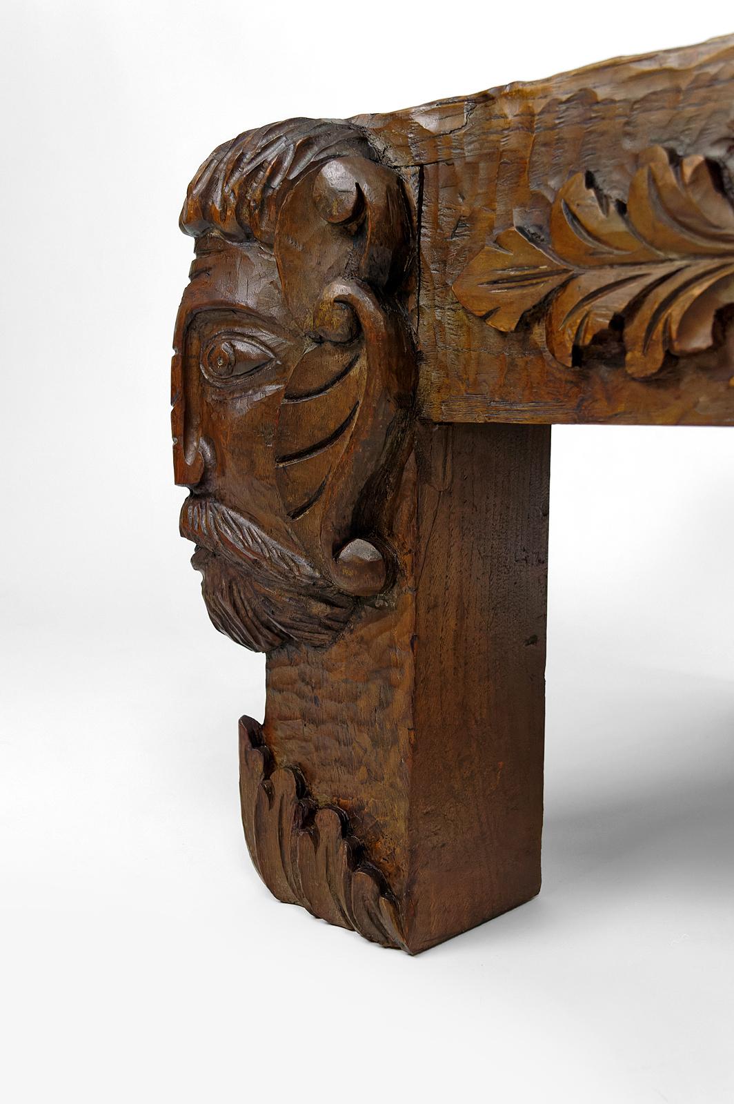 Coffee table in oak carved with faun heads and marble top, France, Circa 1940 For Sale 7