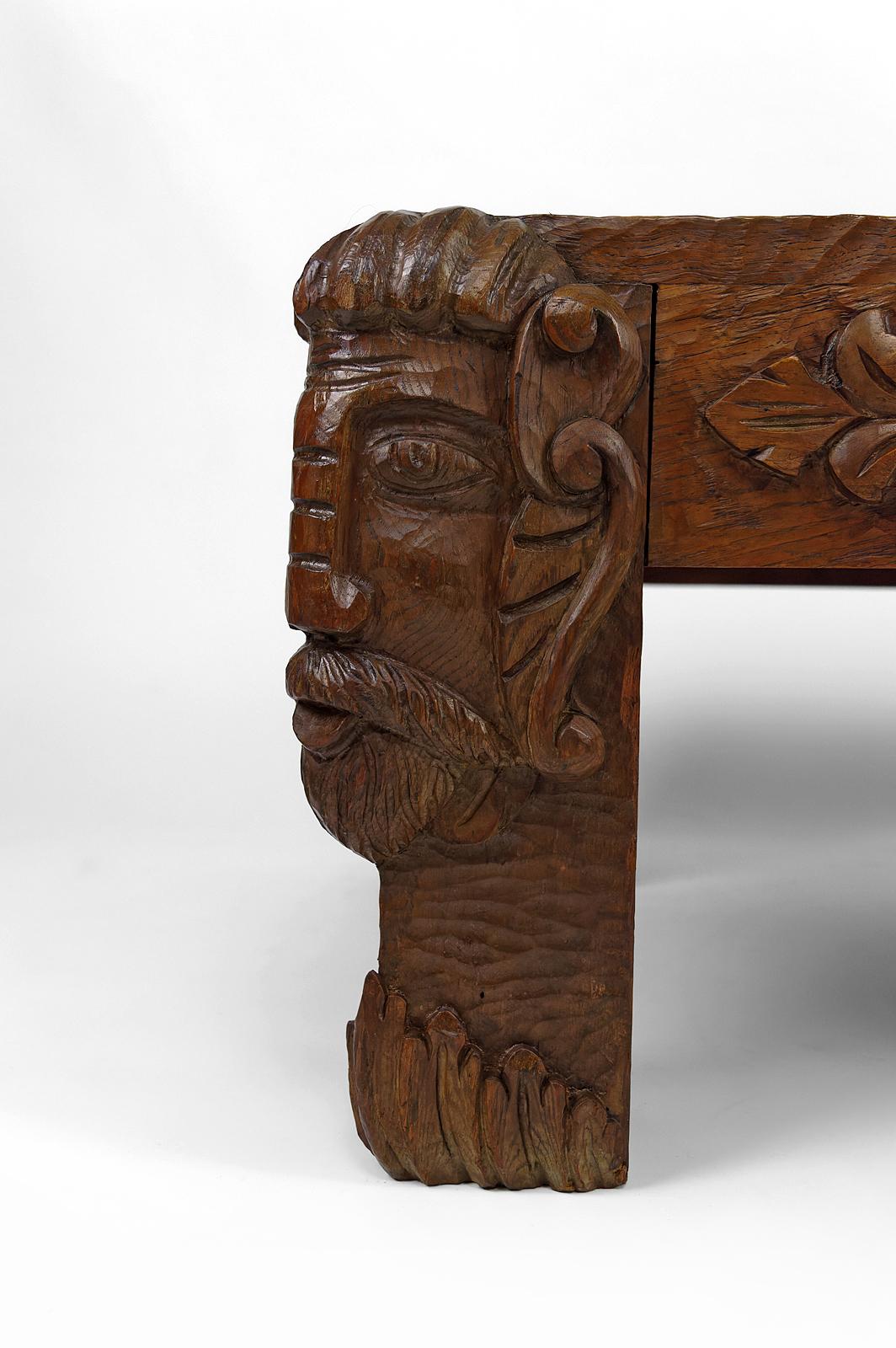 Coffee table in oak carved with faun heads and marble top, France, Circa 1940 For Sale 8