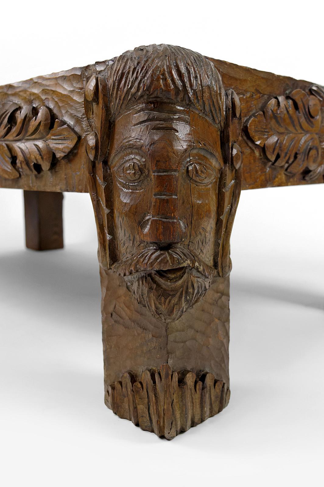 Coffee table in oak carved with faun heads and marble top, France, Circa 1940 For Sale 9