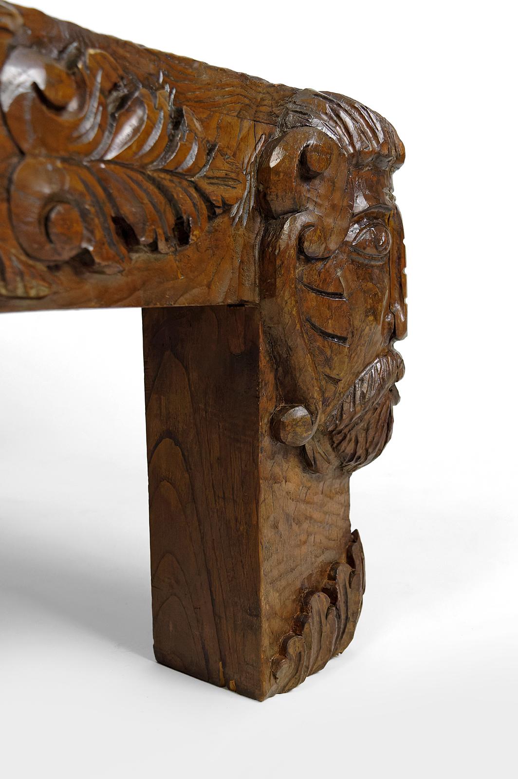 Coffee table in oak carved with faun heads and marble top, France, Circa 1940 For Sale 10