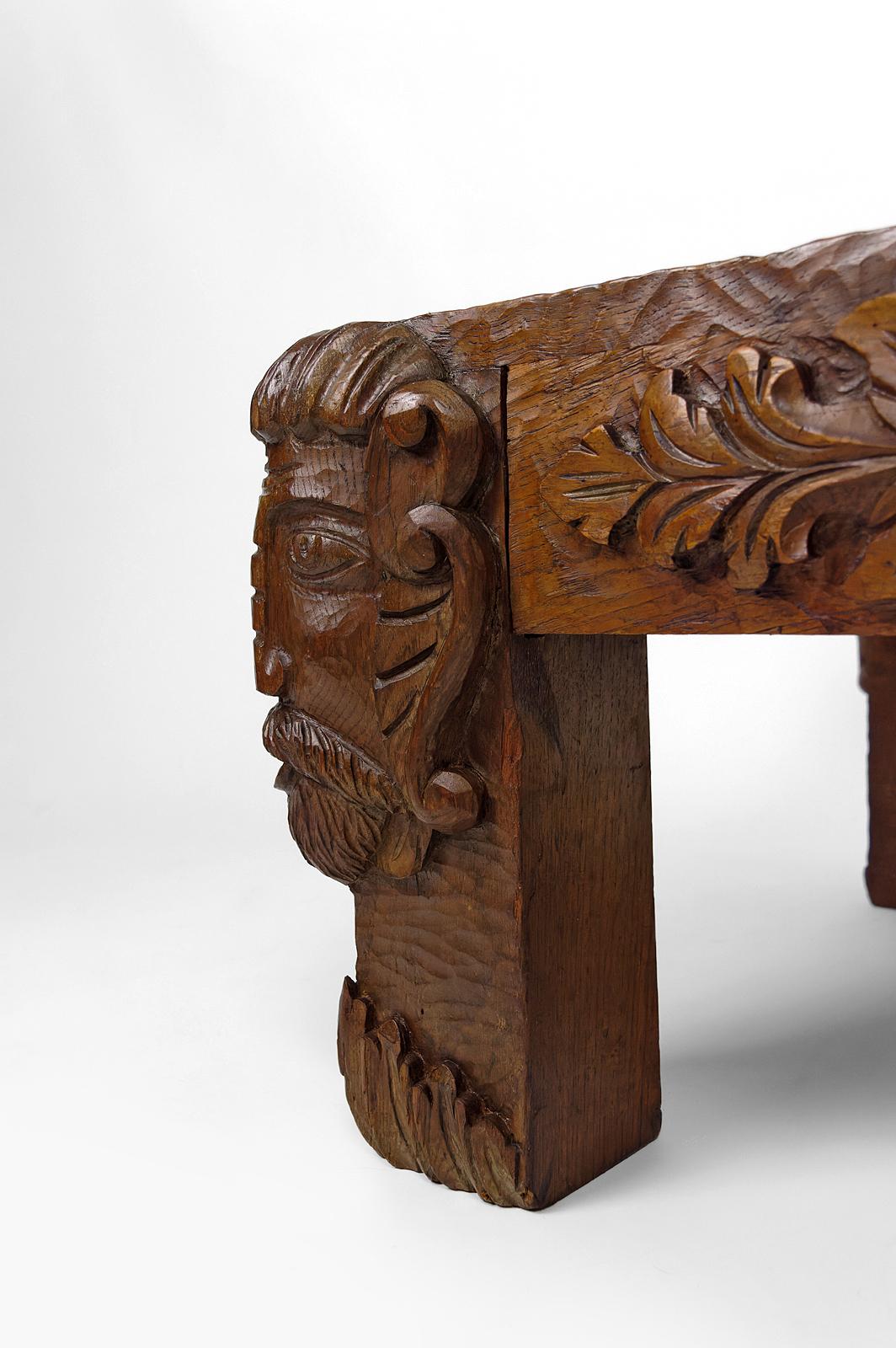 Coffee table in oak carved with faun heads and marble top, France, Circa 1940 For Sale 11