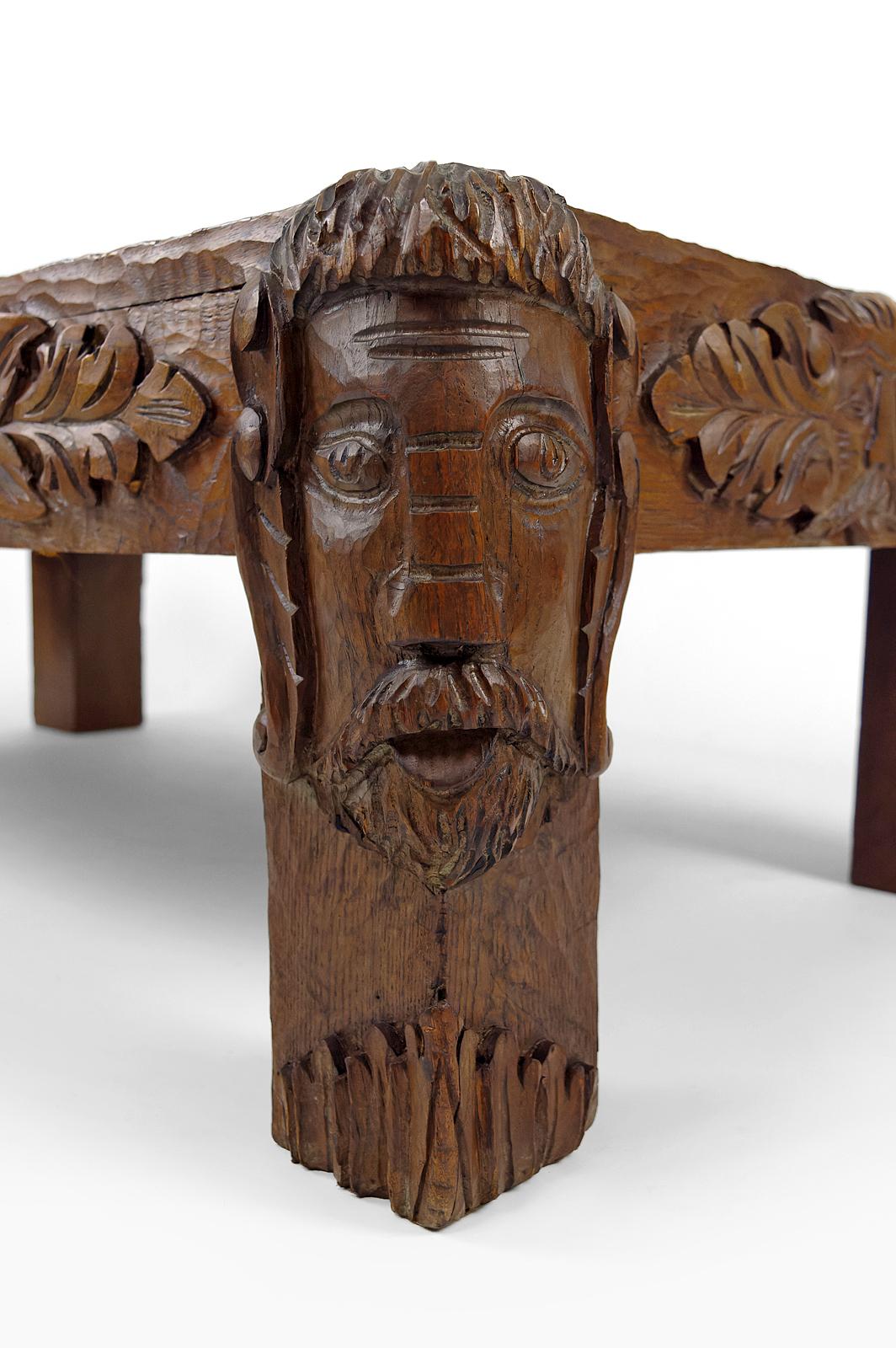 Coffee table in oak carved with faun heads and marble top, France, Circa 1940 For Sale 12