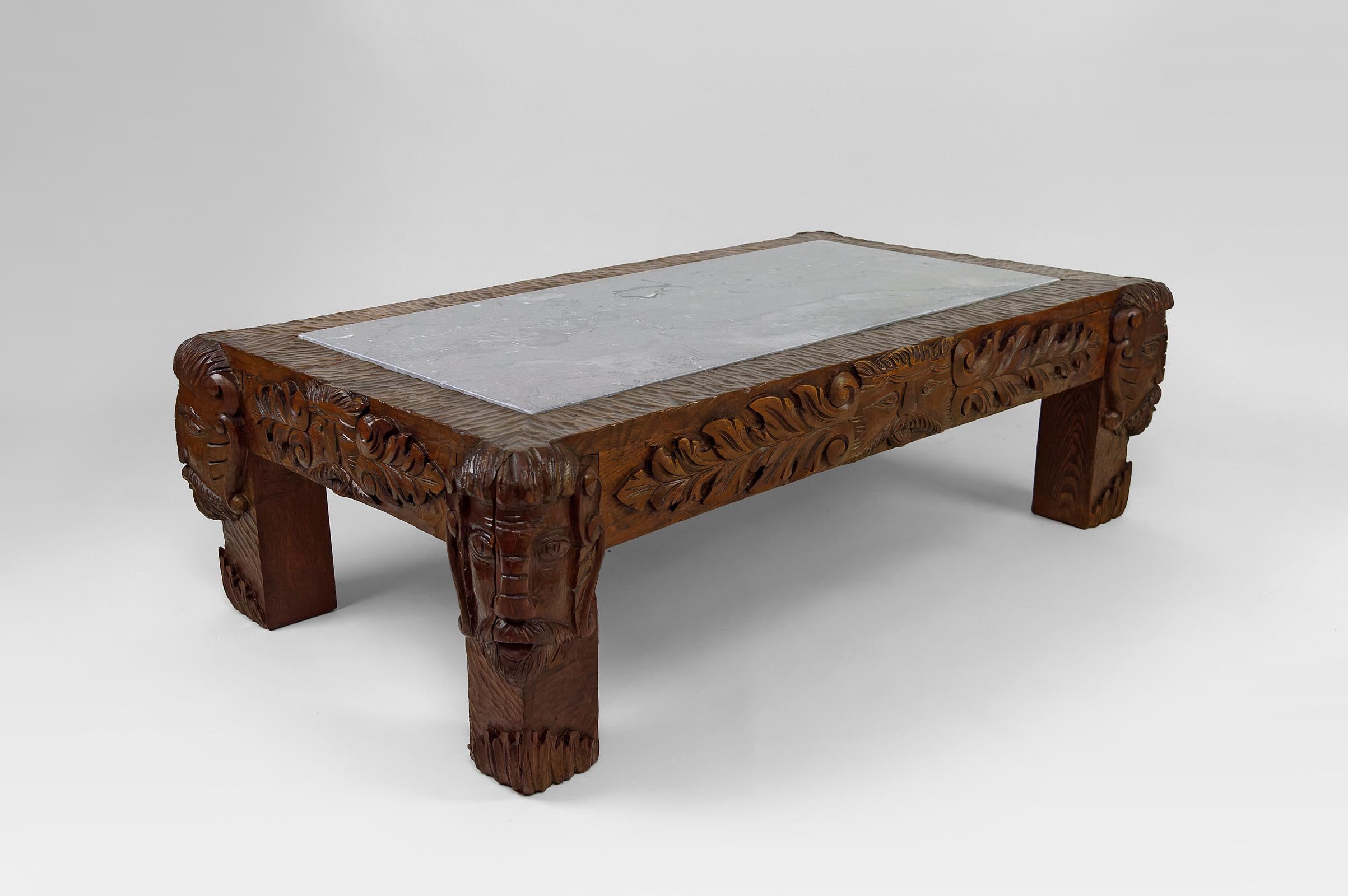 Greek Revival Coffee table in oak carved with faun heads and marble top, France, Circa 1940 For Sale